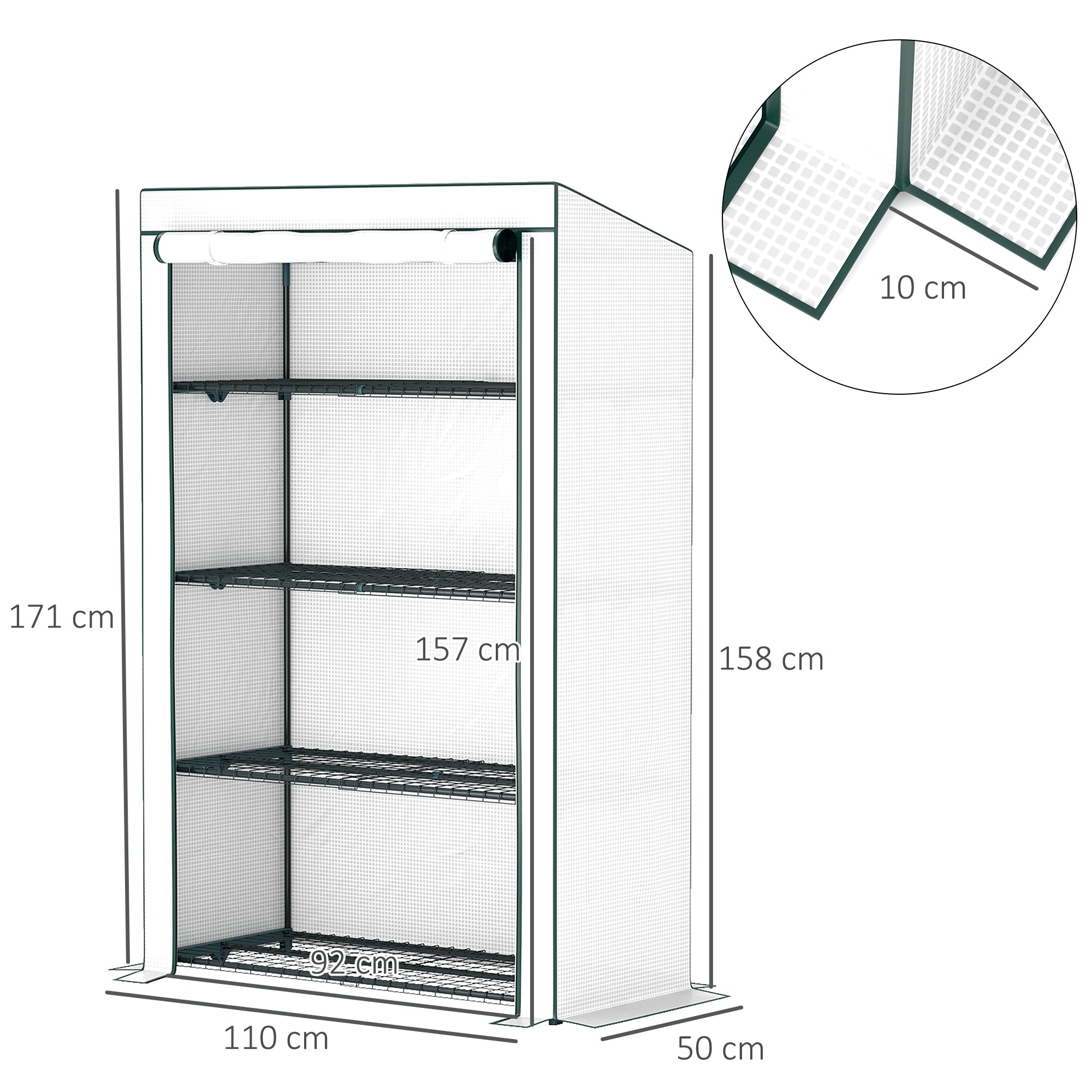 Outsunny 4 Tier Lean-to Mini Greenhouse with Reinforced PE Cover, Portable Small Greenhouse with Roll-Up Door, Green Hemmed Edging, 110 x 50 x 171cm, Green