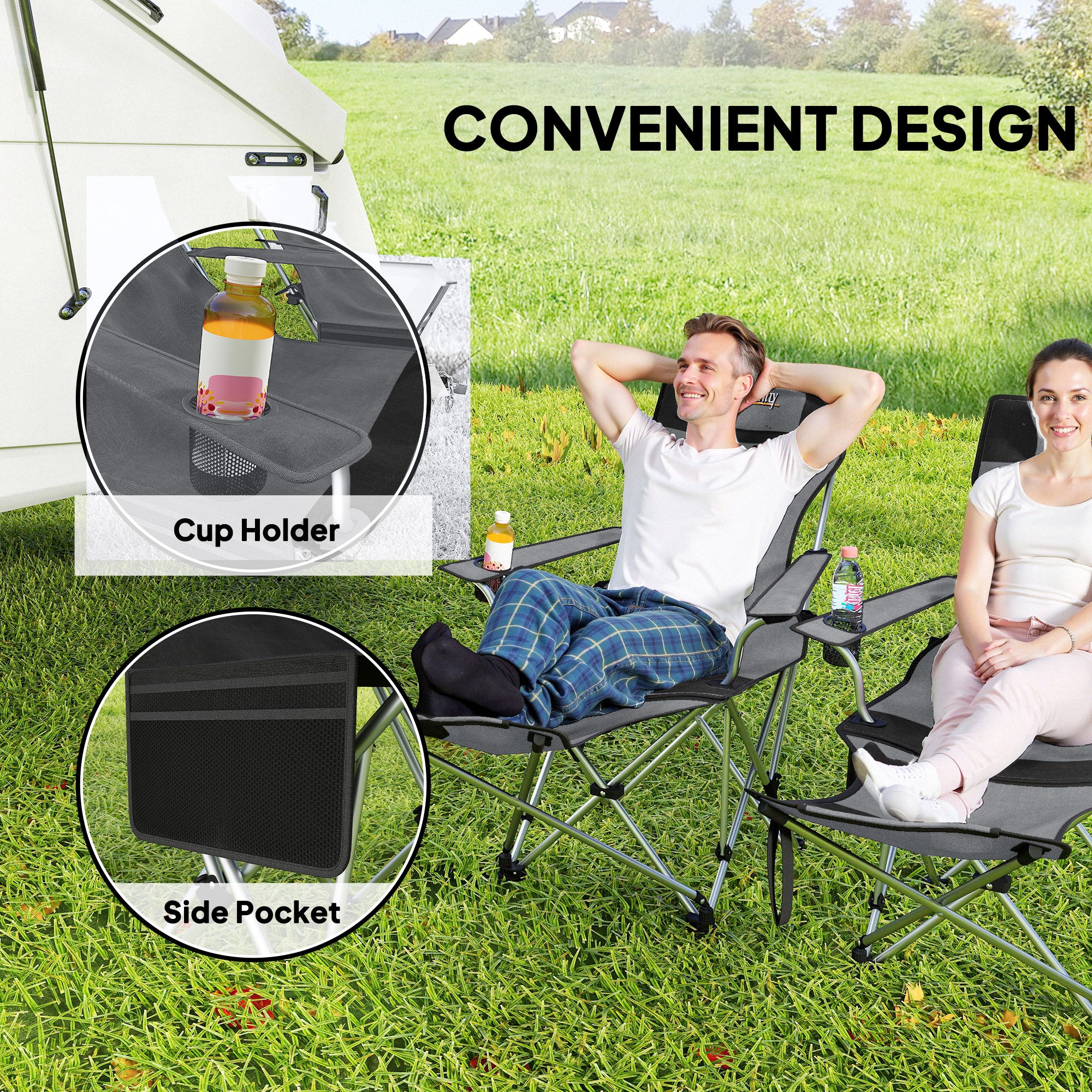 Outsunny Set of 2 Reclining Folding Camping Chair w/ Detachable Footrest, Storage Bag, Cup Holder & Headrest, Lightweight Portable Camp Chair for Beach, Picnic, Grey and Black - North Peak Garden Furniture