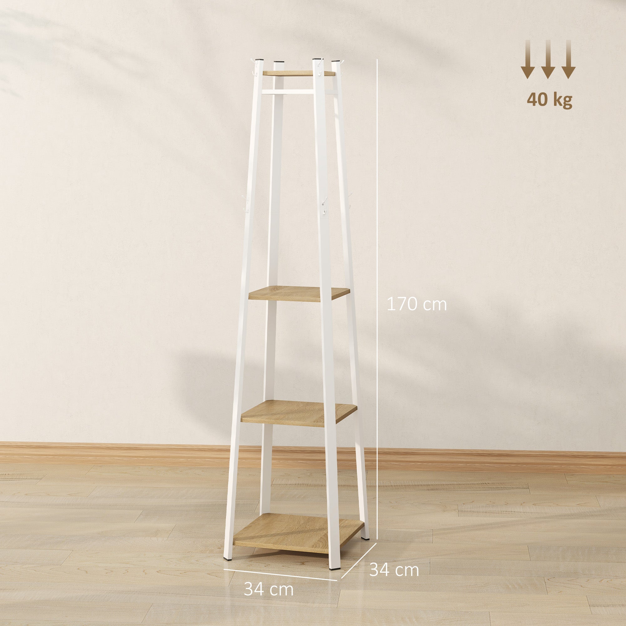 HOMCOM Compact Freestanding Coat Rack - White/Oak - North Peak Garden Furniture
