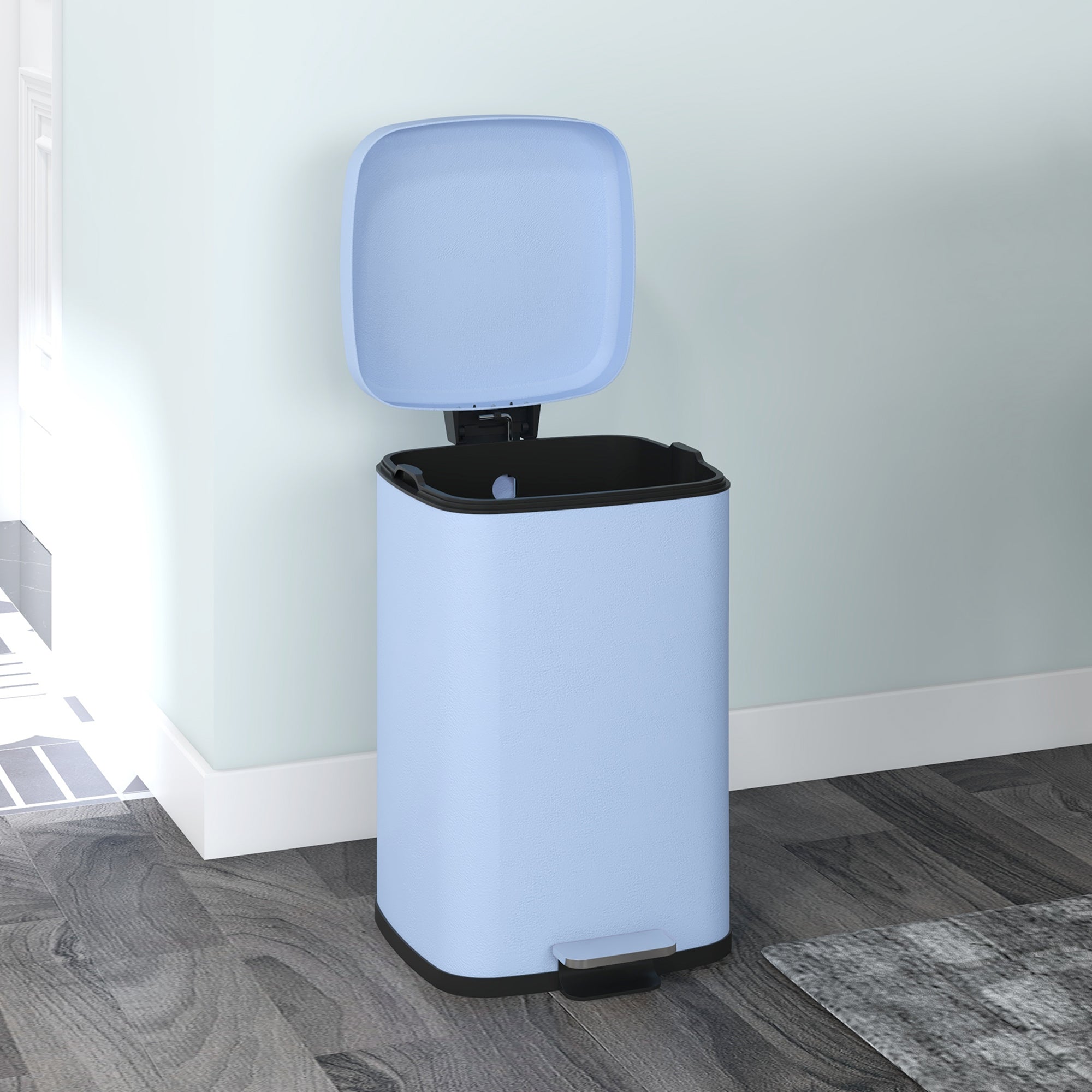 HOMCOM 20L Modern Boxy Metal Home Kitchen Bin - Light Blue - North Peak Garden Furniture