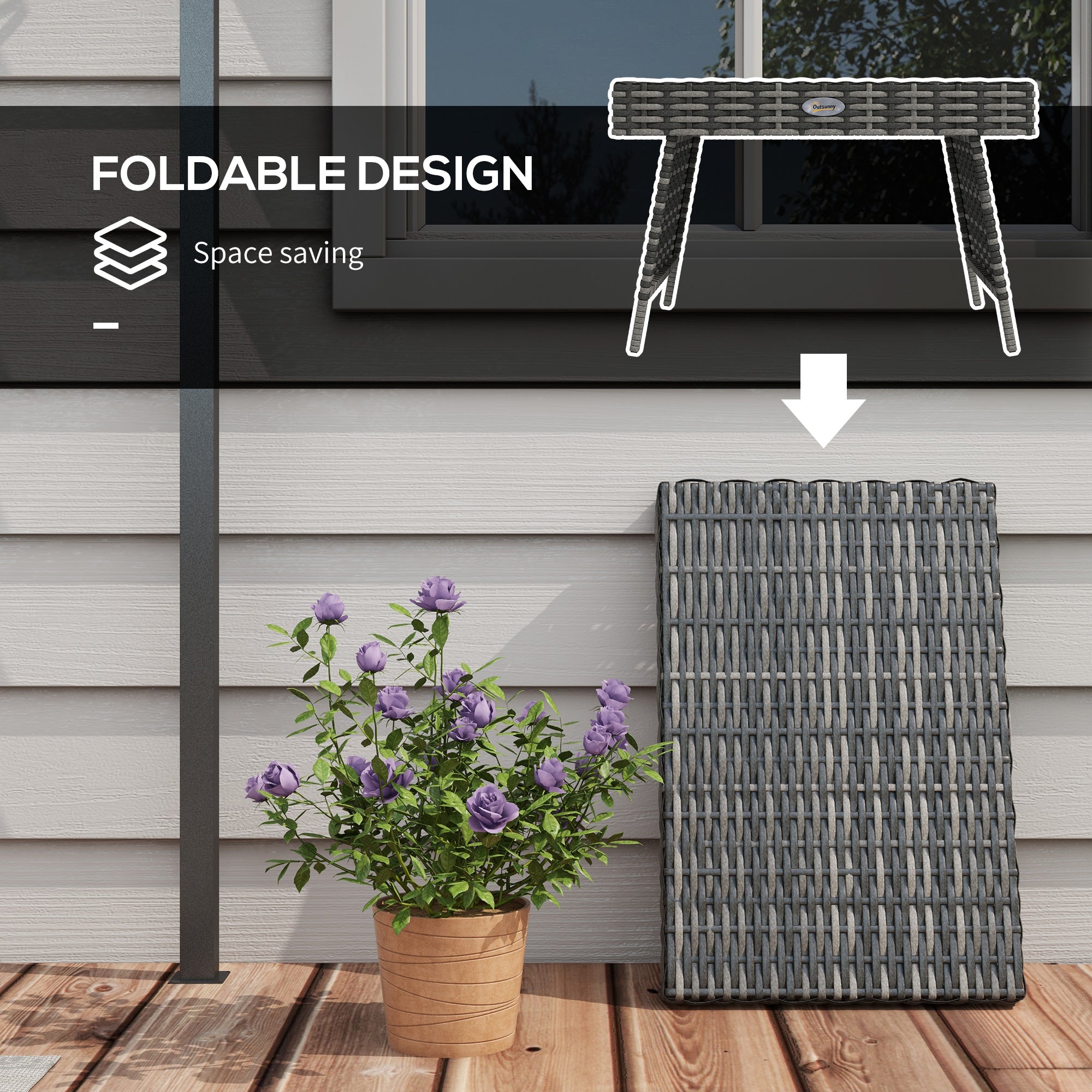 Outsunny Foldable Outdoor Coffee Table, Metal Frame Rattan Side Table, Coffee Table Side Table for Lawn, Garden, Mixed Grey - North Peak Garden Furniture
