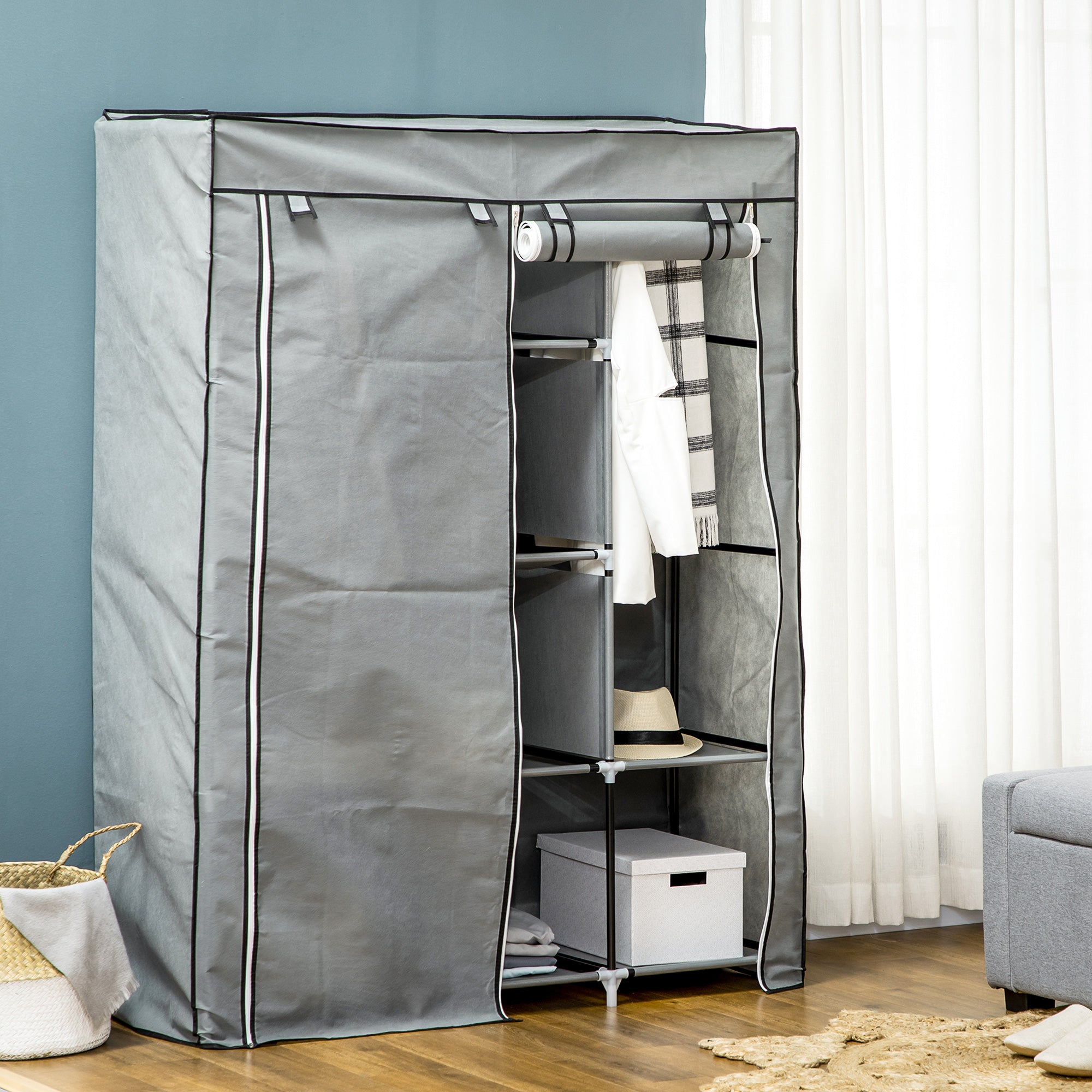 HOMCOM Fabric Wardrobe, Portable Wardrobe, Clothes Storage Unit with 8 Shelves, 2 Hanging Rods, 125 x 43 x 162.5 cm, Light Grey - North Peak Garden Furniture