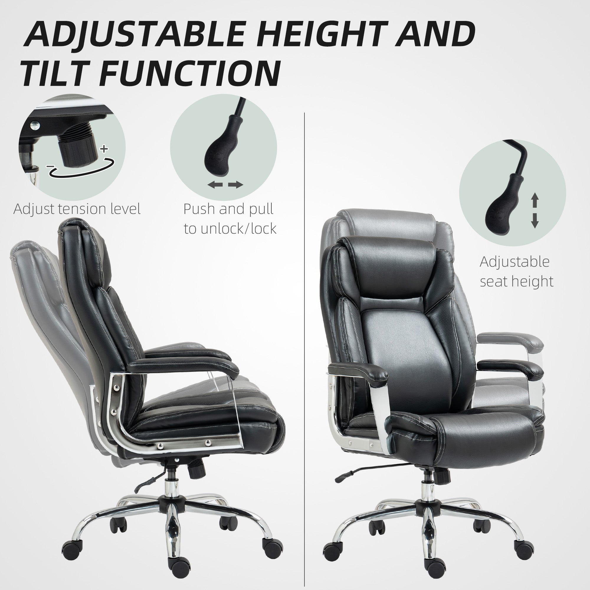 HOMCOM Ergonomic Office Chair, Heavy Duty Faux Leather Desk Chair with Tilt Function, Adjustable Height, 227kg 500LBS Swivel Computer Chair for Home Study, Black - North Peak Garden Furniture