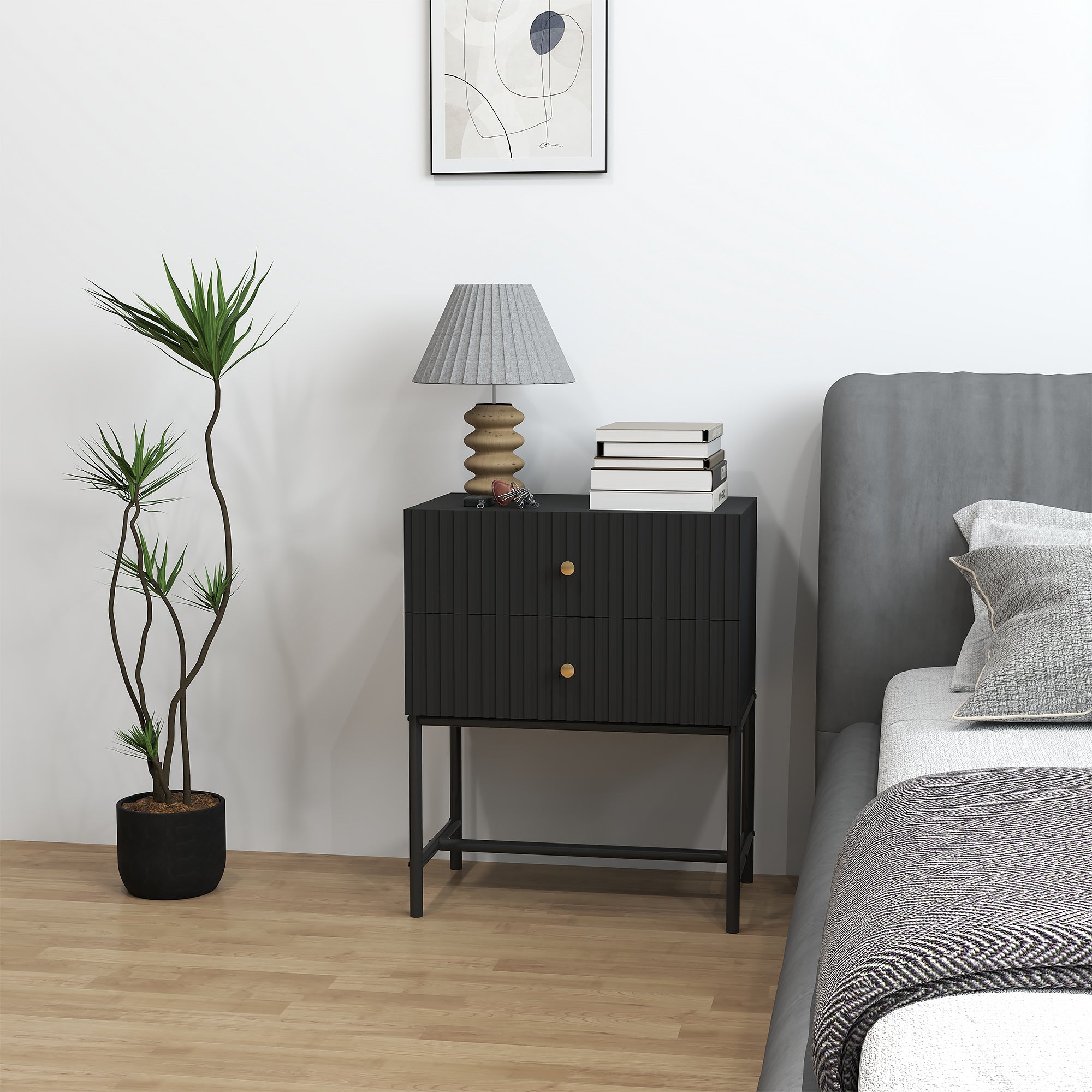 HOMCOM Elegant Two-Drawer Bedside Table - Black - North Peak Garden Furniture