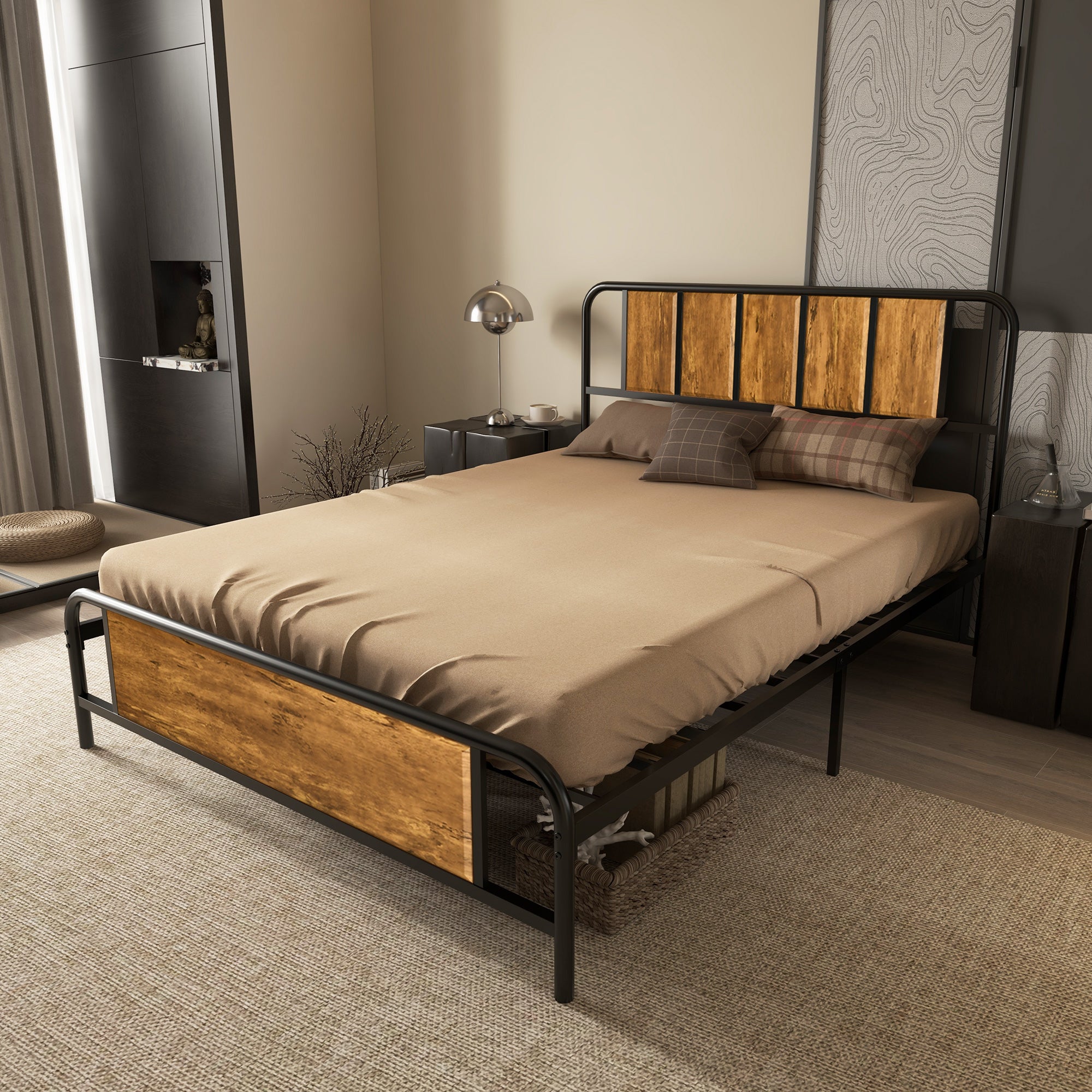 HOMCOM 4.8ft Double Bed Frame with Industrial Wood Headboard, Steel Slat Support and 25.5cm Underbed Storage Space, 145 x 199cm, Rustic Brown - North Peak Garden Furniture