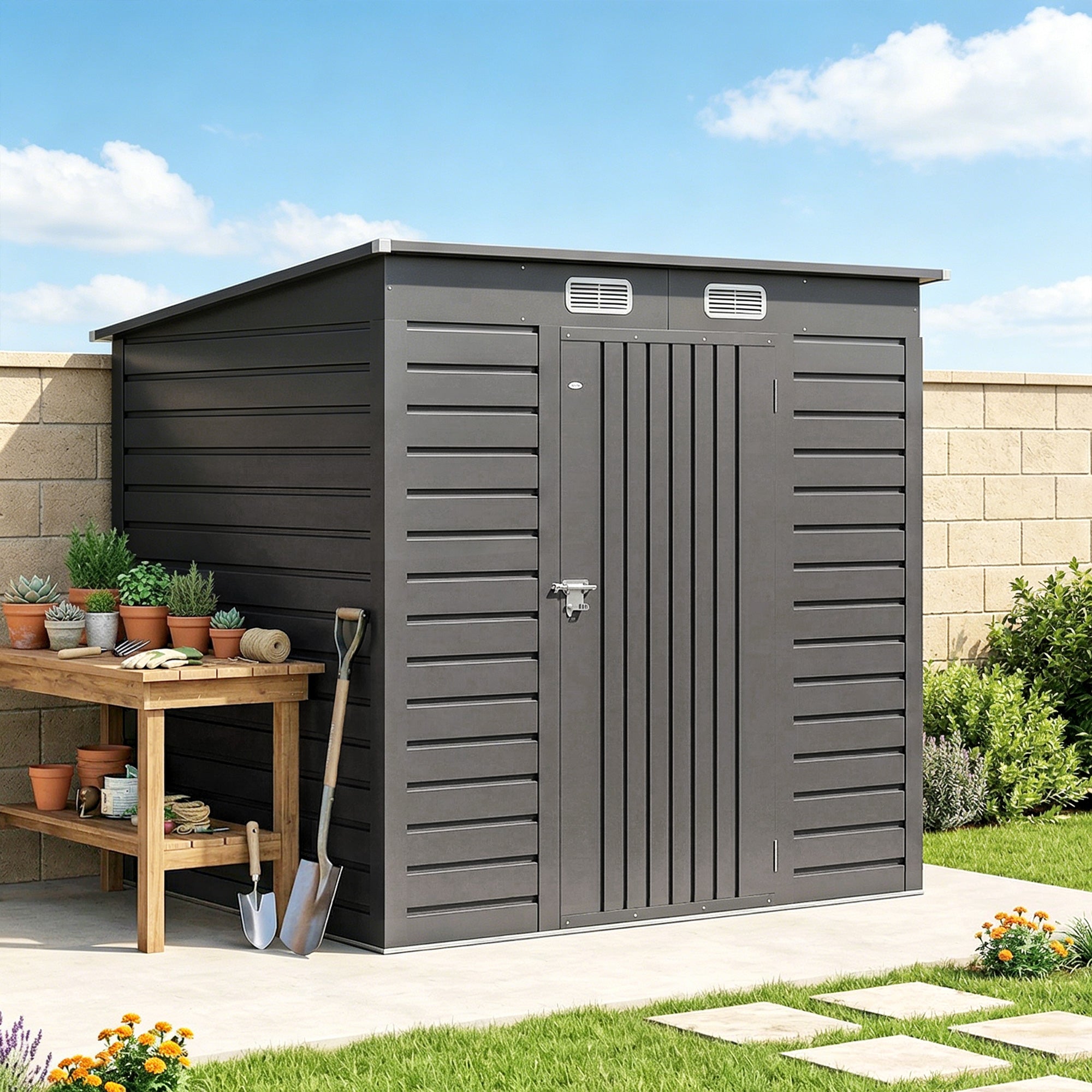Outsunny 6.3 x 4.3FT Garden Shed. Galvanised Metal Shed, Outdoor Tool Storage Shed with Pent Roof, Lockable Door and 2 Vents, Grey