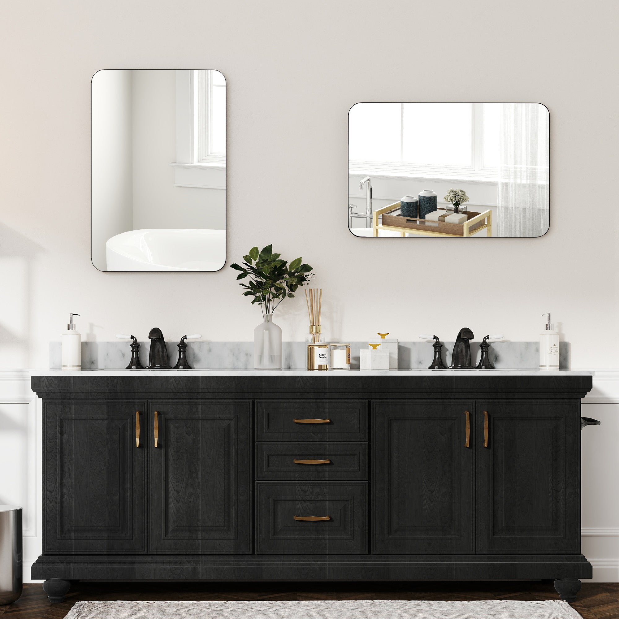 HOMCOM 90 x 60cm Curved Bathroom Mirror - Black - North Peak Garden Furniture