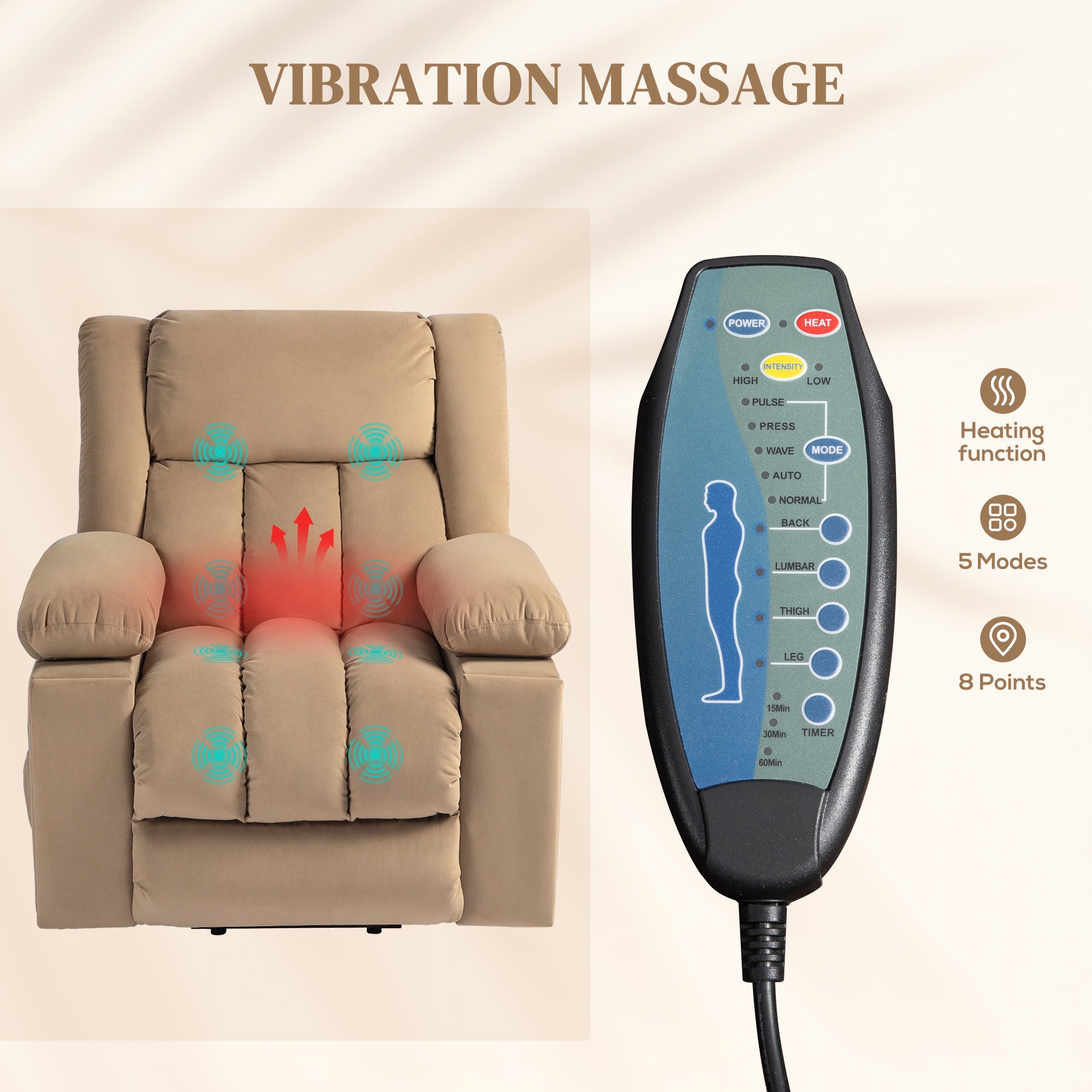 HOMCOM Power Lift Recliner Chair with Vibration Massage and Heat, Electric Lift Chair for Elderly, Overstuffed Fabric Riser and Reclining Armchair with USB Ports, Cup Holders, Light Brown - North Peak Garden Furniture