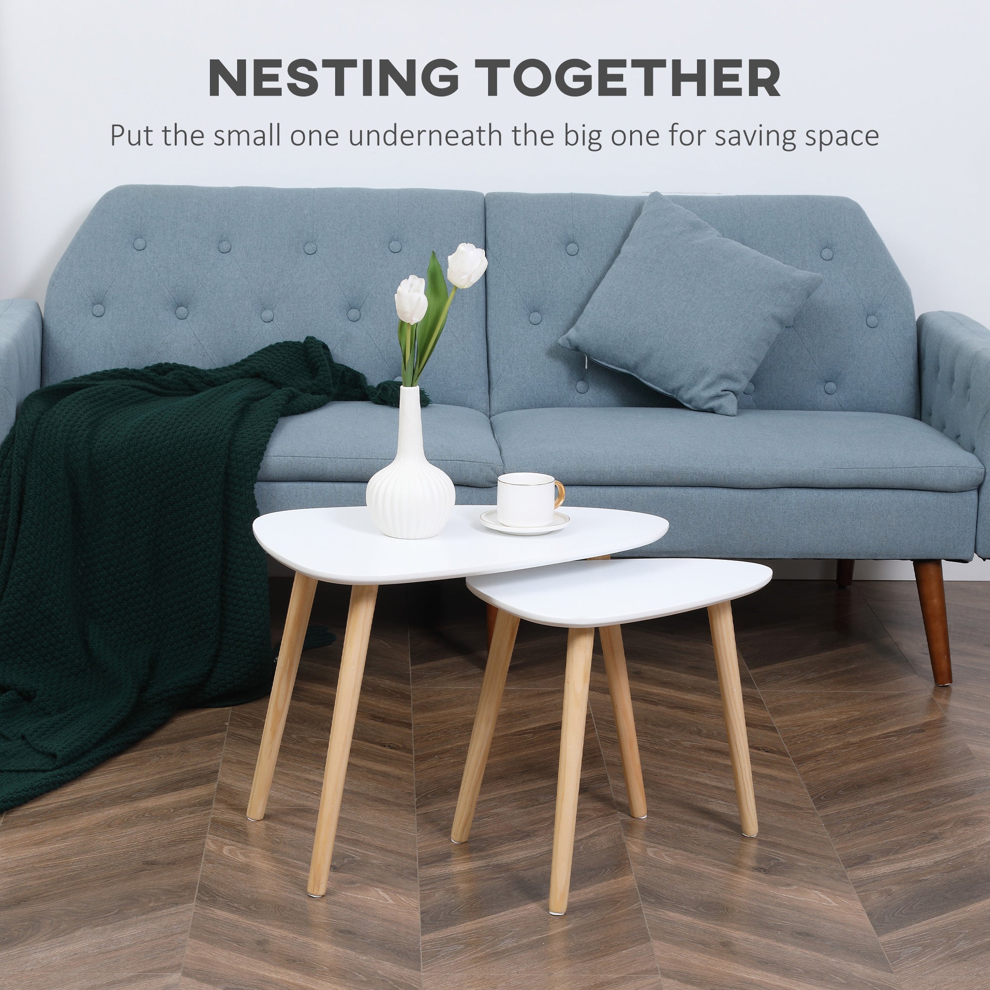 HOMCOM Nesting Coffee Table, Set of 2 Side Tables, Stacking End Tables with Solid Wood Legs, for Living Room Bedroom, White - North Peak Garden Furniture
