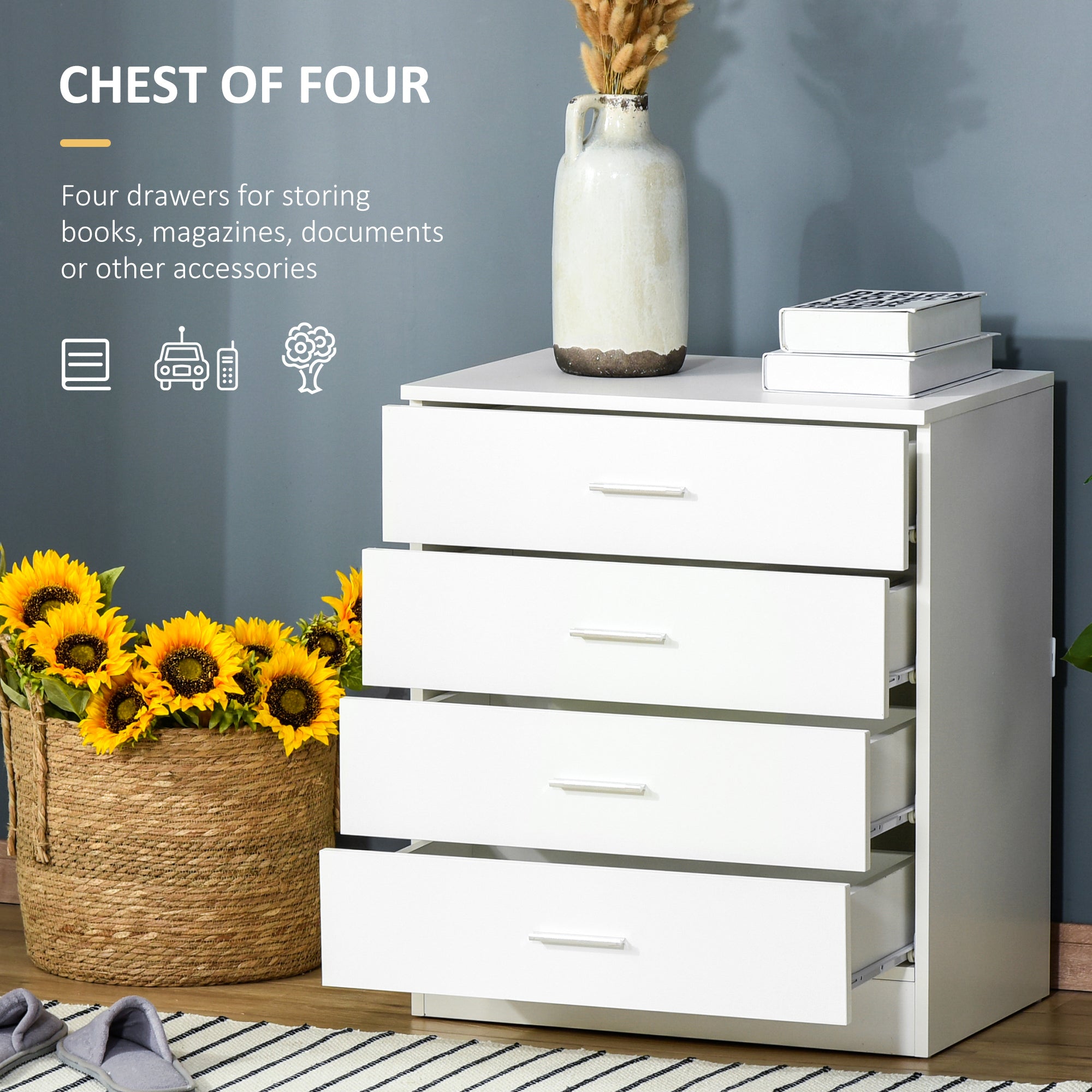 HOMCOM Chest of Drawers, 4 Drawers Storage Cabinet with Metal Rails, Anti-Tip for Playroom, Nursery Room, Hallway, etc - North Peak Garden Furniture