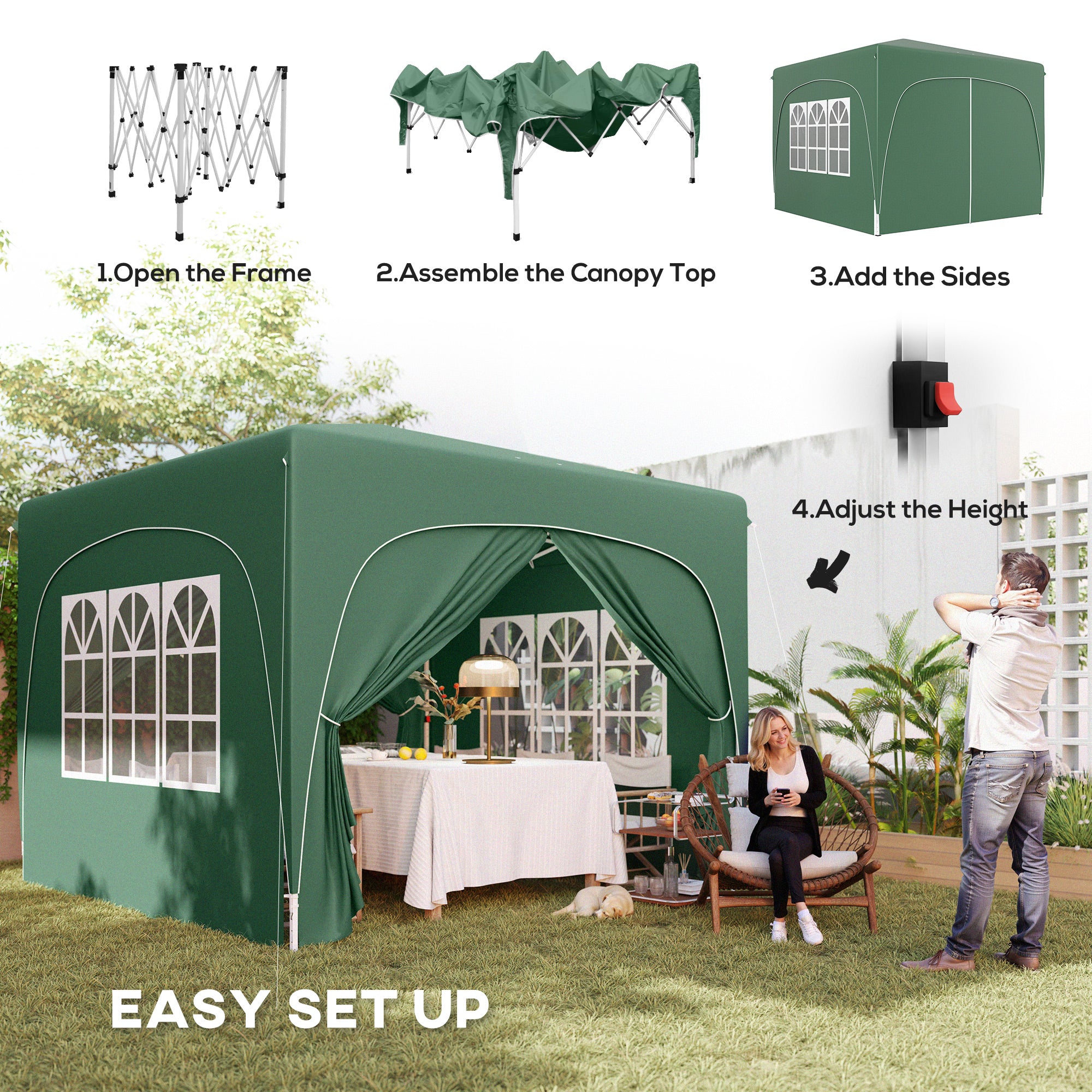 Outsunny 3 x 3m Pop-Up Gazebo Shelter, with Accessories - Dark Green - North Peak Garden Furniture