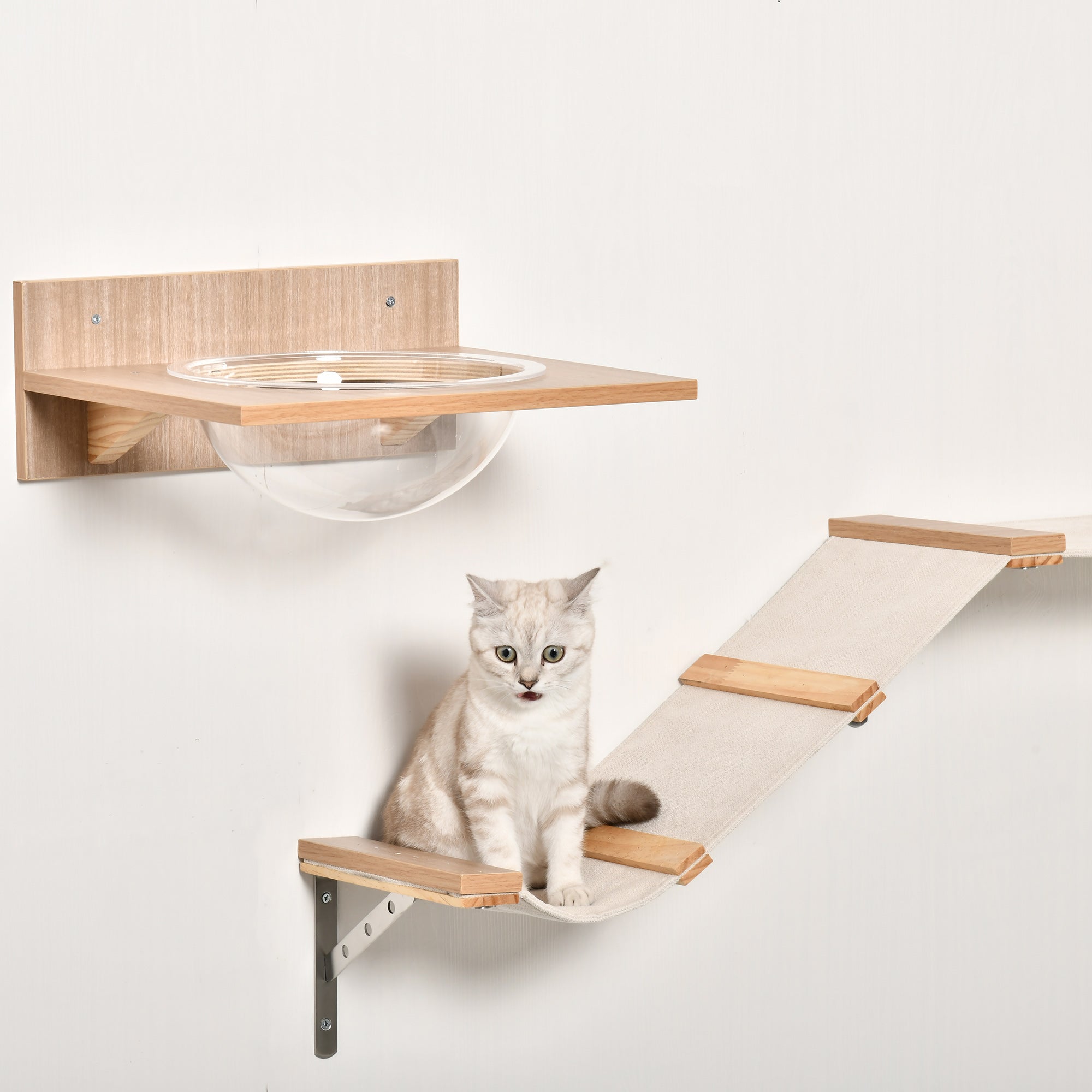 PawHut 4PCs Wall-mounted Cats Climbing Shelf Set Cat Tree Kitten Perch Activity Center with Hammock Scratching Post Jumping Platform Brown - North Peak Garden Furniture