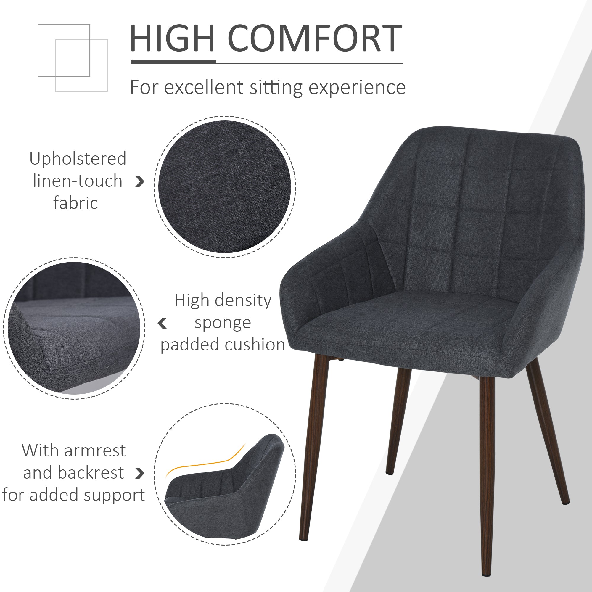 HOMCOM 2 Pieces Linen-Touch Fabric Dining Chair with Grid Pattern Cushion and Backrest, Mid Back Leisure Chair with Steel Leg, Sponge Padded Armchair for Dining Room