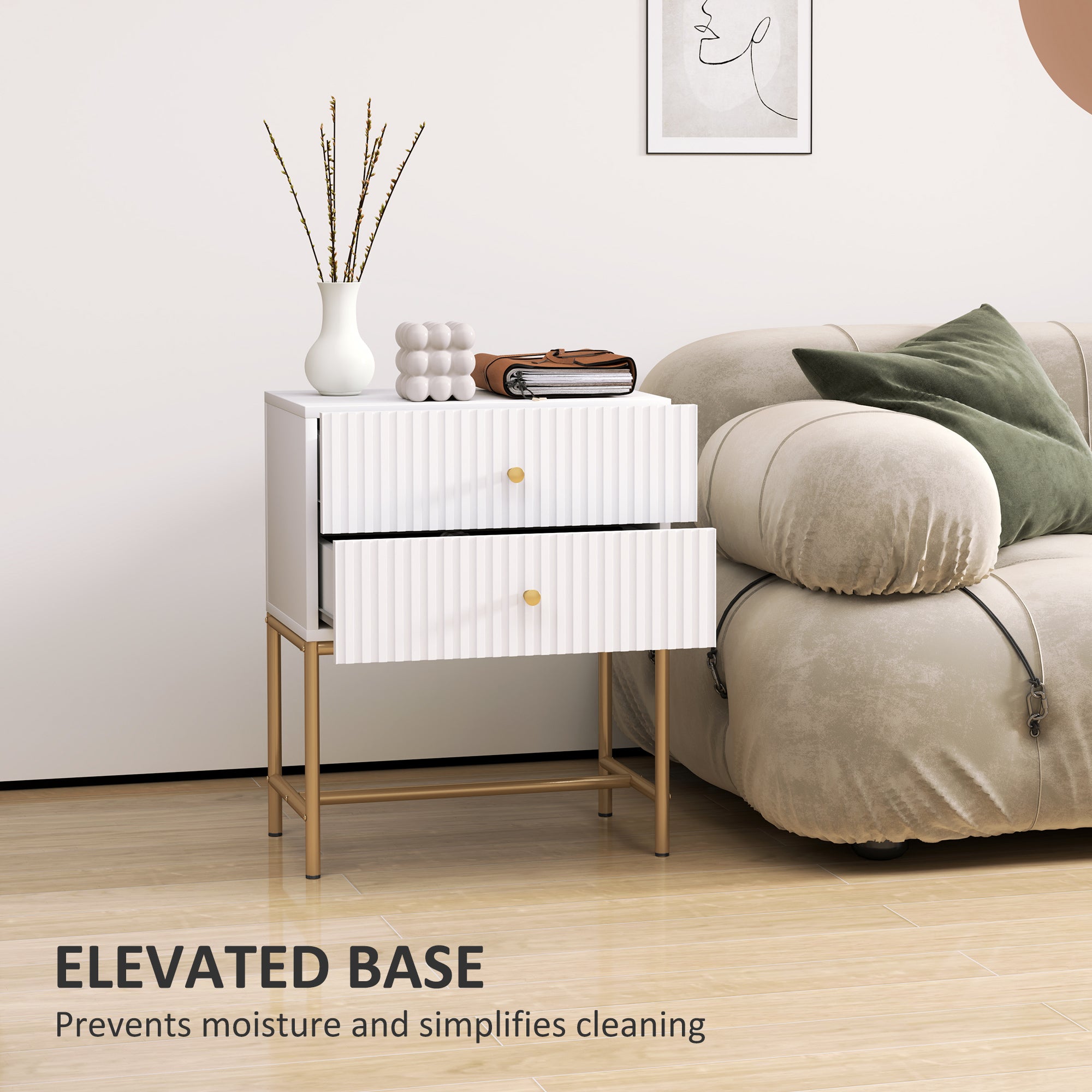 HOMCOM Elegant Two-Drawer Bedside Table - White - North Peak Garden Furniture
