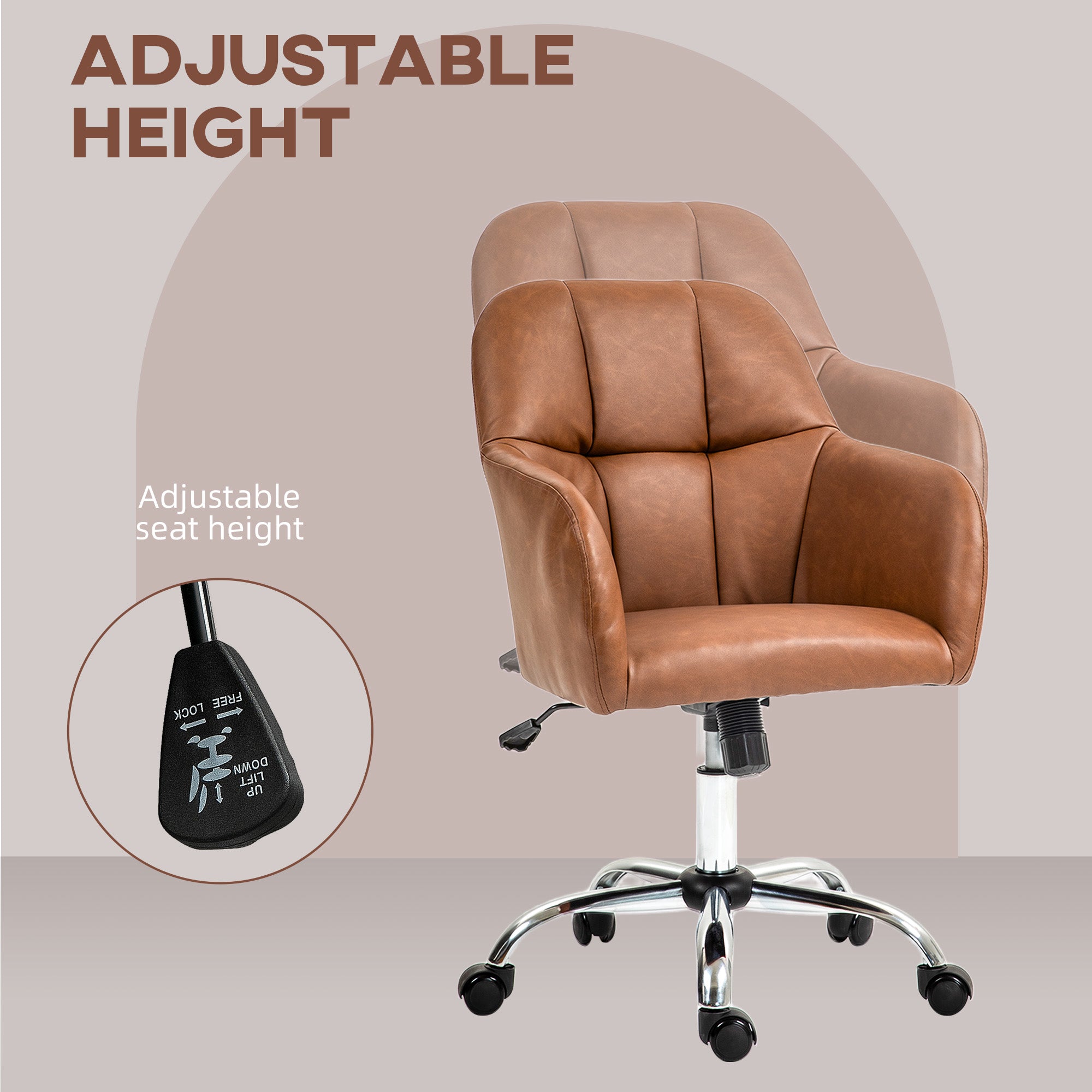 HOMCOM Faux Leather Tub Office Chair, with Wheels - Brown - North Peak Garden Furniture