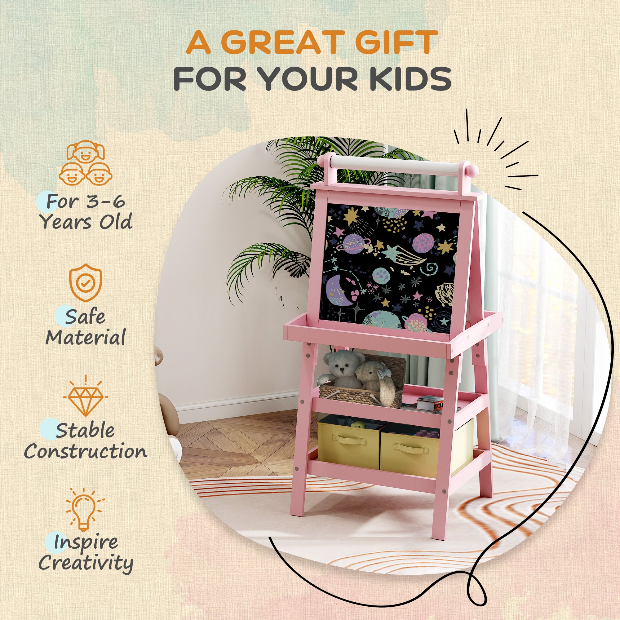 AIYAPLAY 3 in 1 Kids Easel Double-Sided Magnetic Whiteboard and Chalkboard with Paper Roll, Storage Baskets - Pink - North Peak Garden Furniture