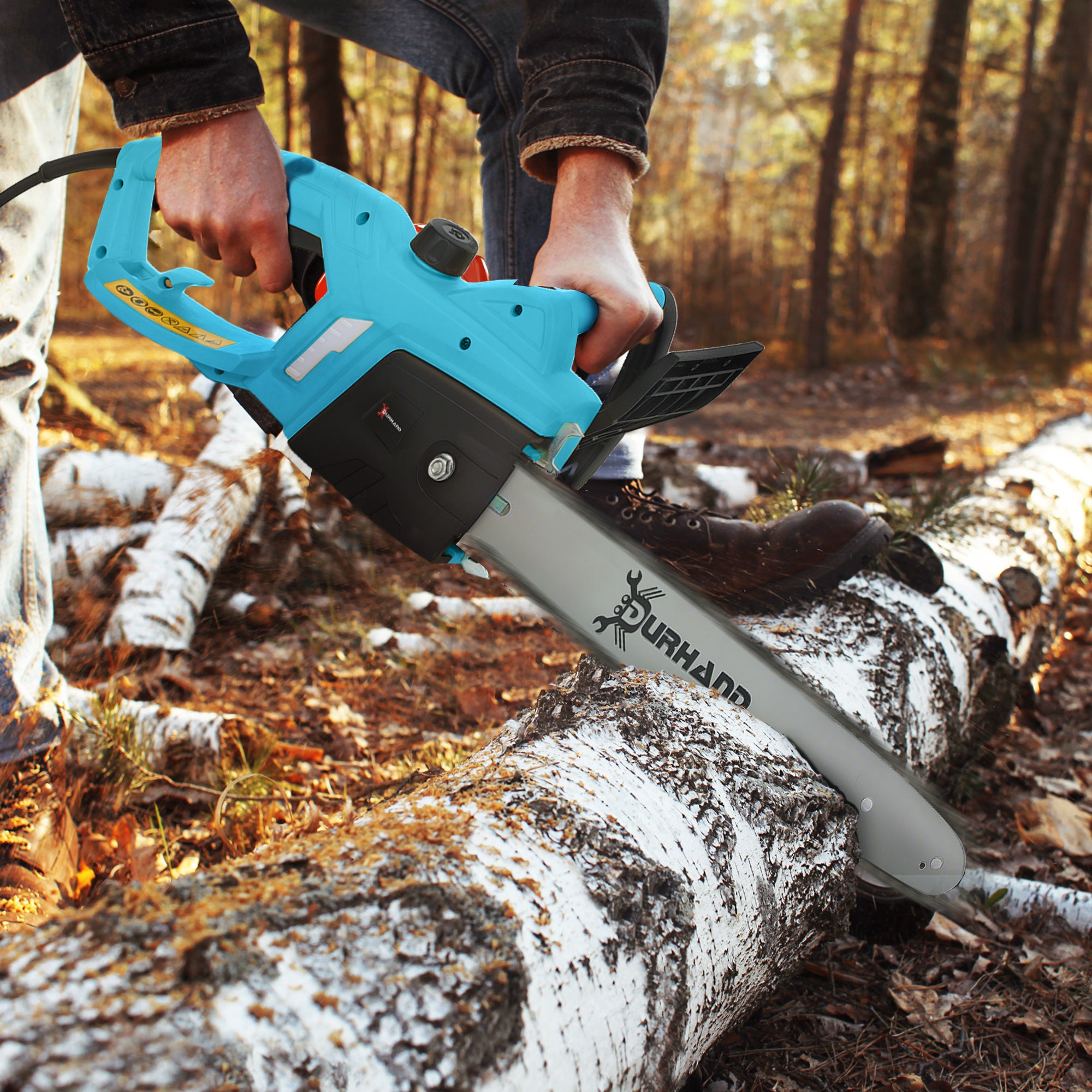 DURHAND Aluminium Chainsaw with Double Brake Protection and Blade Cover, 2000 W, 40 cm, for Wood, Trees and Branches, Blue - North Peak Garden Furniture