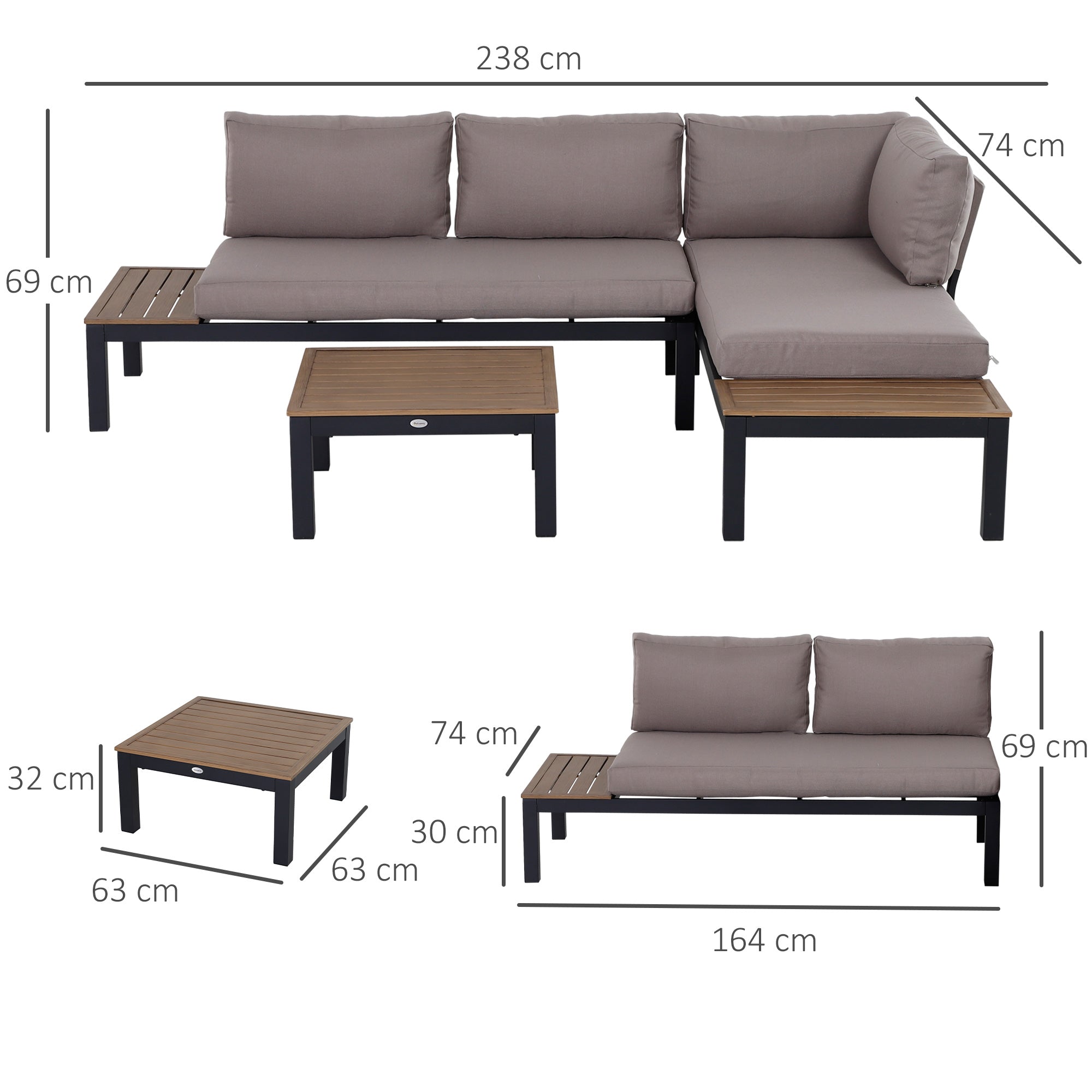 Outsunny 3 Pieces Garden Furniture Sets, Aluminium Outdoor Corner Sofa set with 2 Loveseat and Coffee Table with Cushions for Patio, Garden, Black - North Peak Garden Furniture