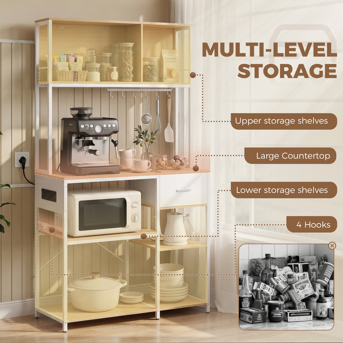 HOMCOM Kitchen Storage Rack with Power Outlet, USB and Type-C Ports, Drawer, Shelves and 4 Hooks, Oak and White