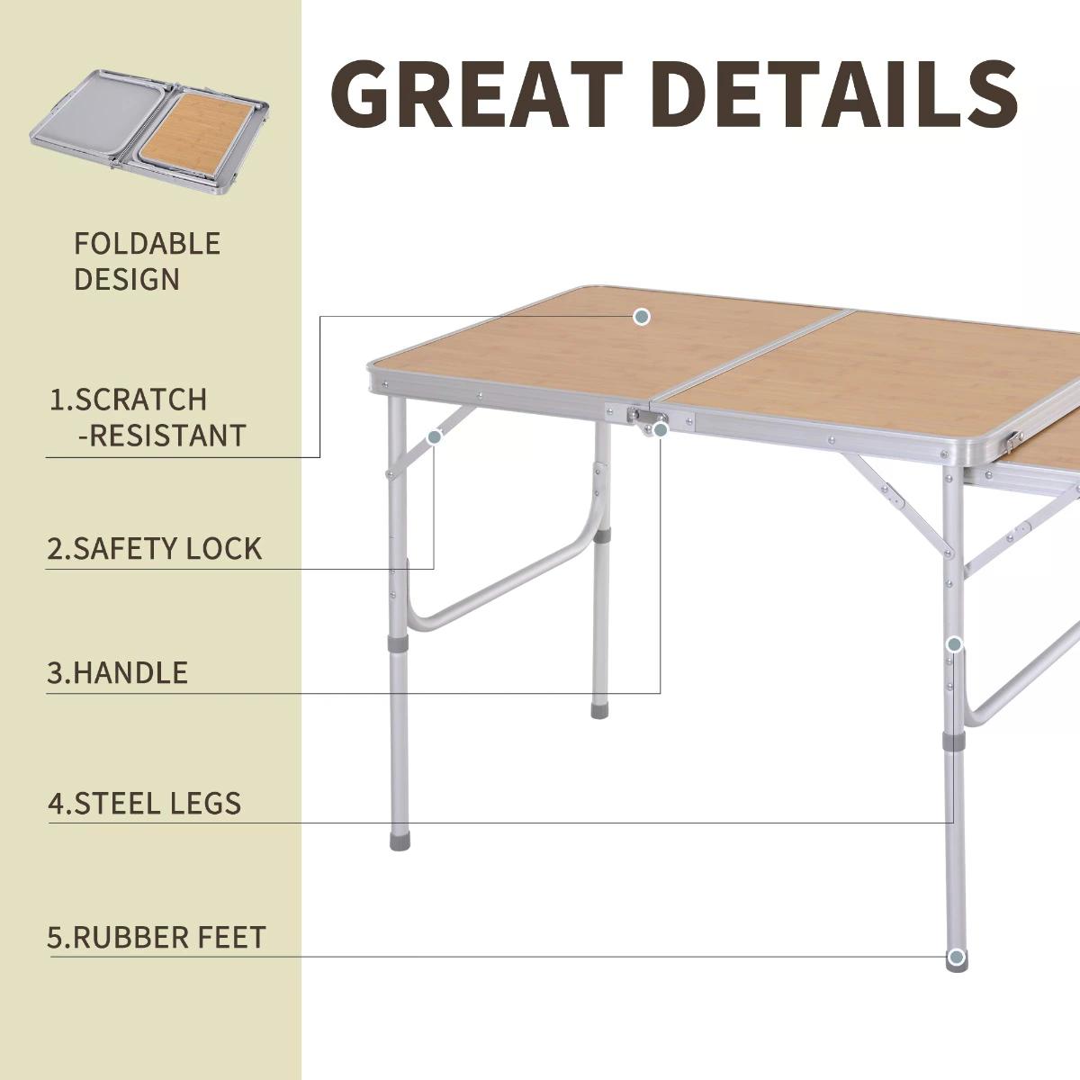 Outsunny Portable Folding Picnic Table, 3ft Aluminium Frame with MDF Top, Lightweight for Outdoor Use, Silver