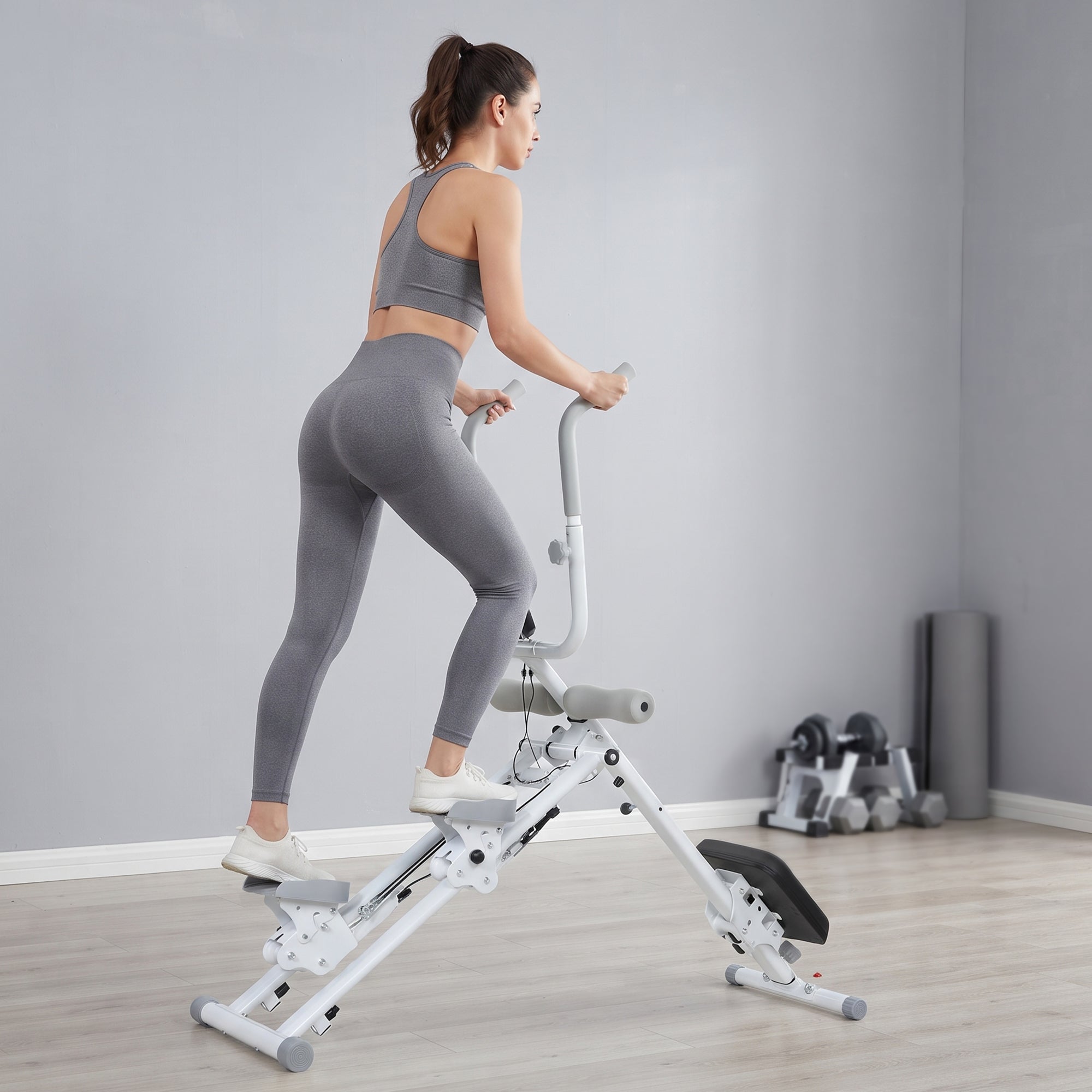 SPORTNOW 2-in-1 Ab Machine and Stair Stepper, Foldable Ab Trainer and Climbing Machine with LCD Monitor for Home Gym, White