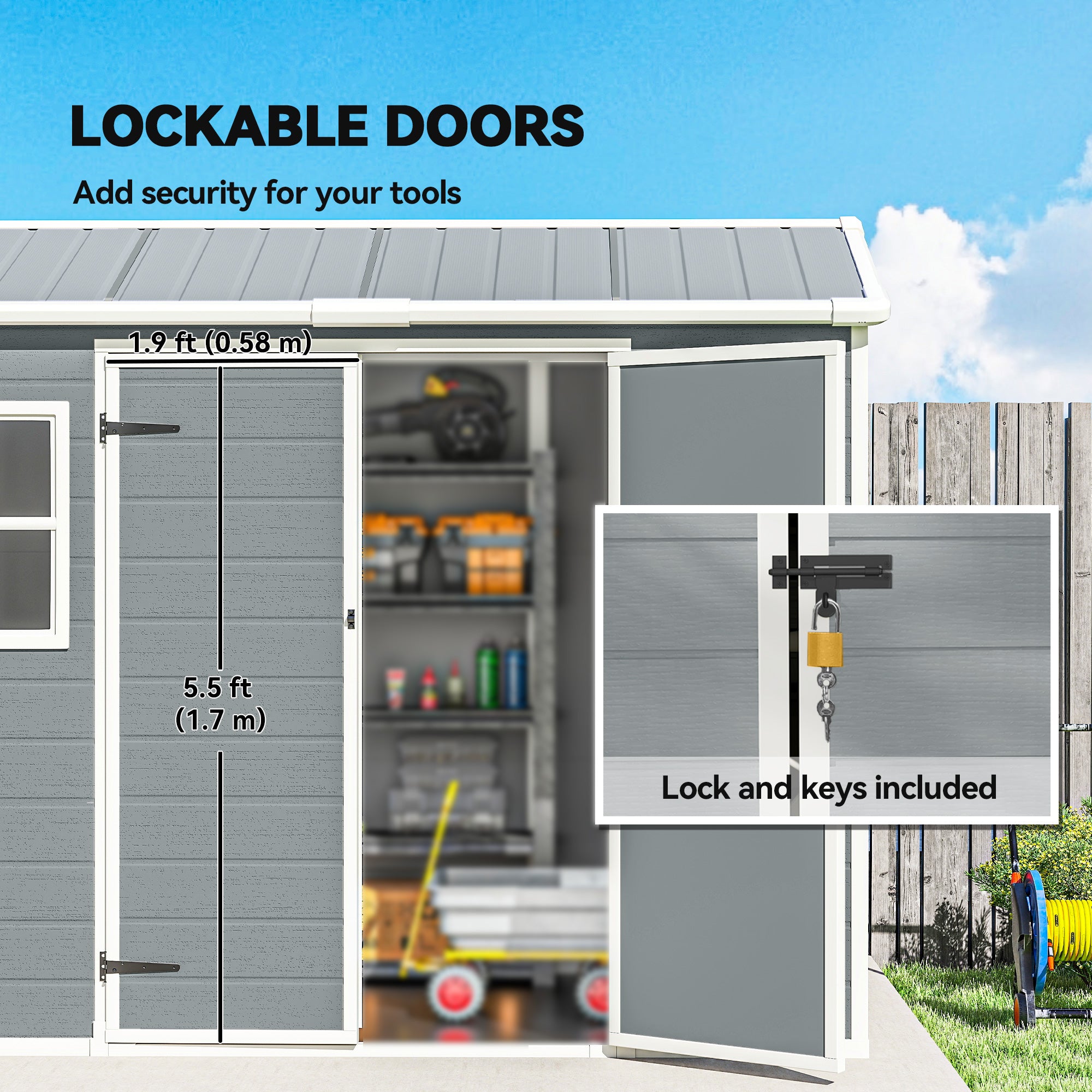 Outsunny 8 x 4 ft Plastic Garden Shed, Wood-Effect Outdoor Storage Shed with Floor, Windows, Lockable Doors and Vents, Light Grey