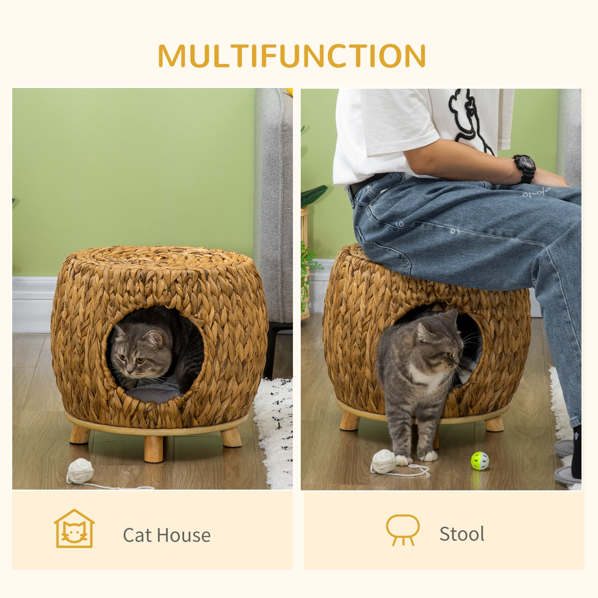 PawHut Wicker Cat Bed Cat House Stool with Washable Cushion, 44 x 43 x 41cm