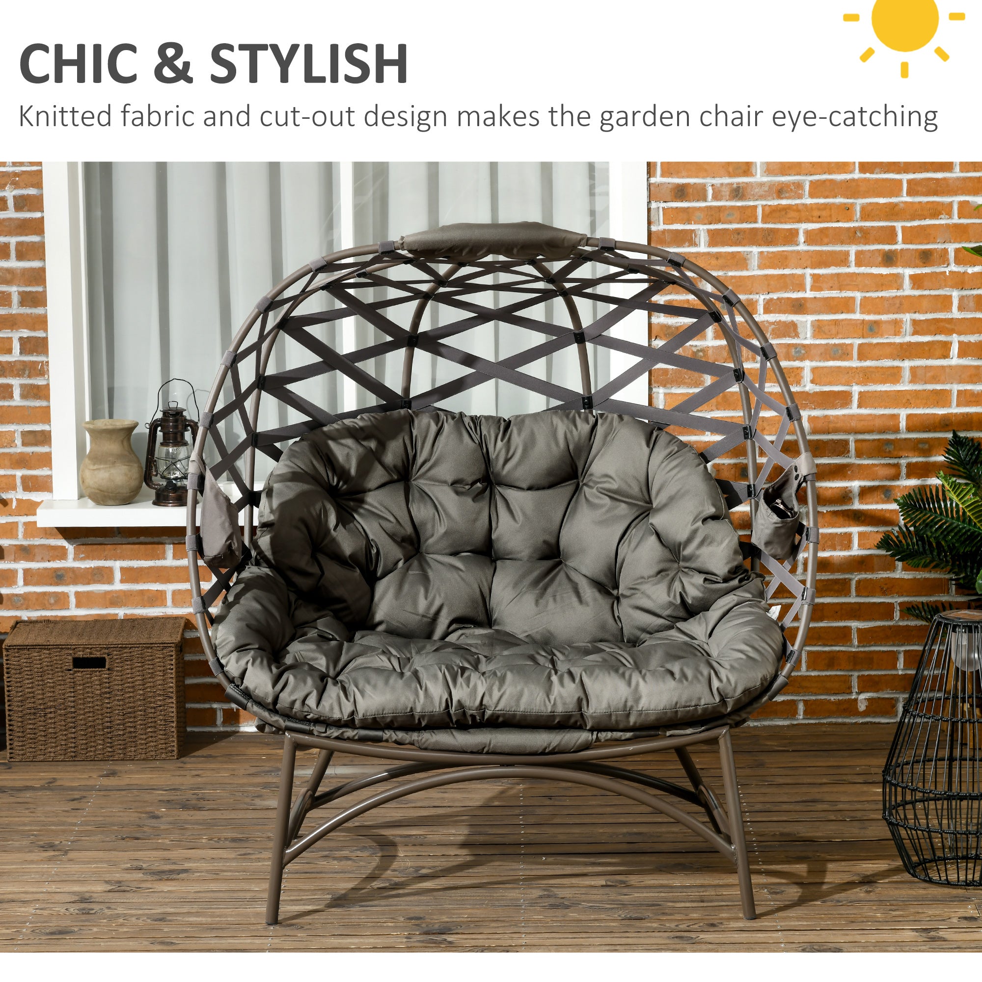 Outsunny 2 Seater Egg Chair Outdoor, Folding Weave Garden Furniture Chair with Cushion, Cup Pockets - Sand Brown - North Peak Garden Furniture