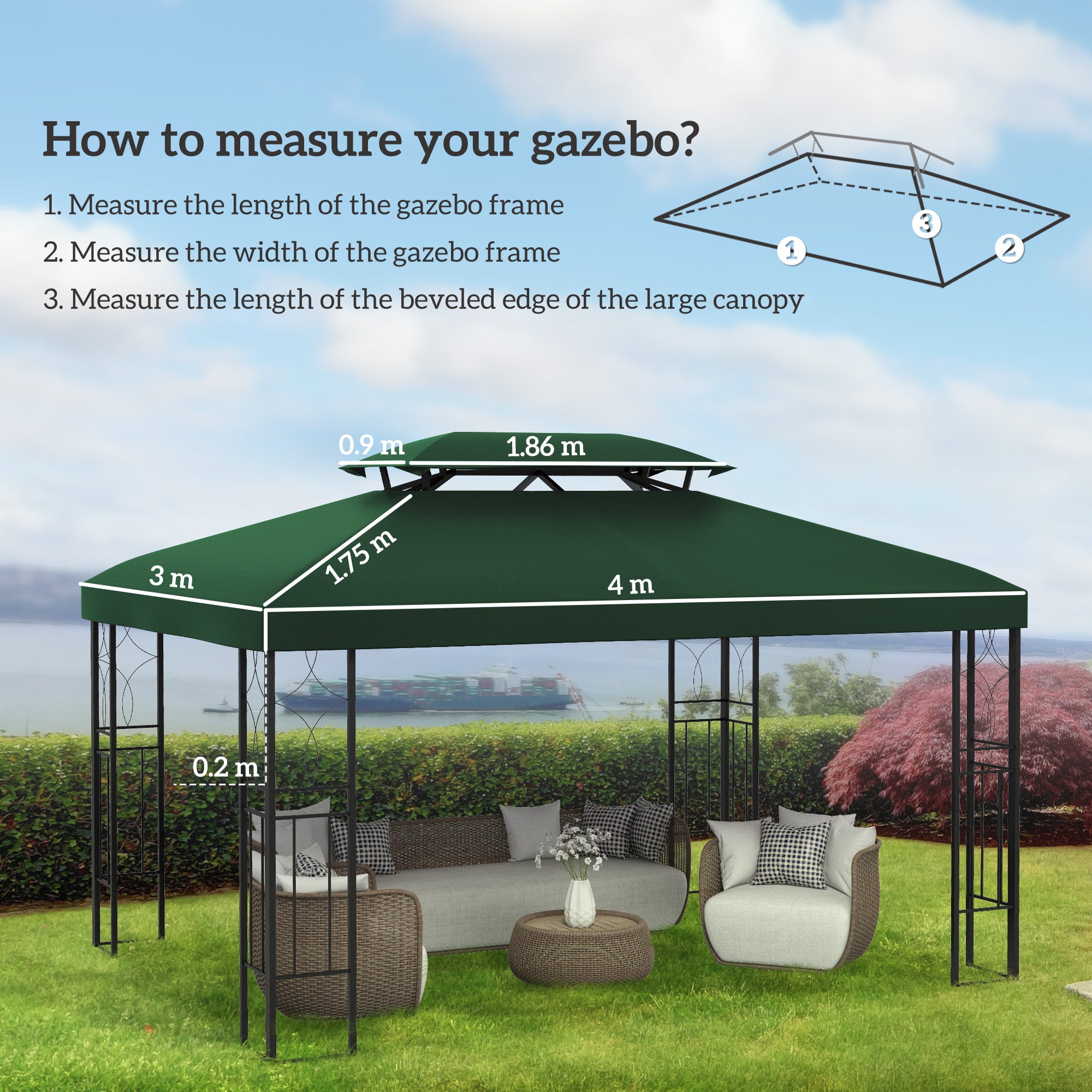 Outsunny Gazebo Roof Replacement, for 3 x 4m Frames - Green - North Peak Garden Furniture