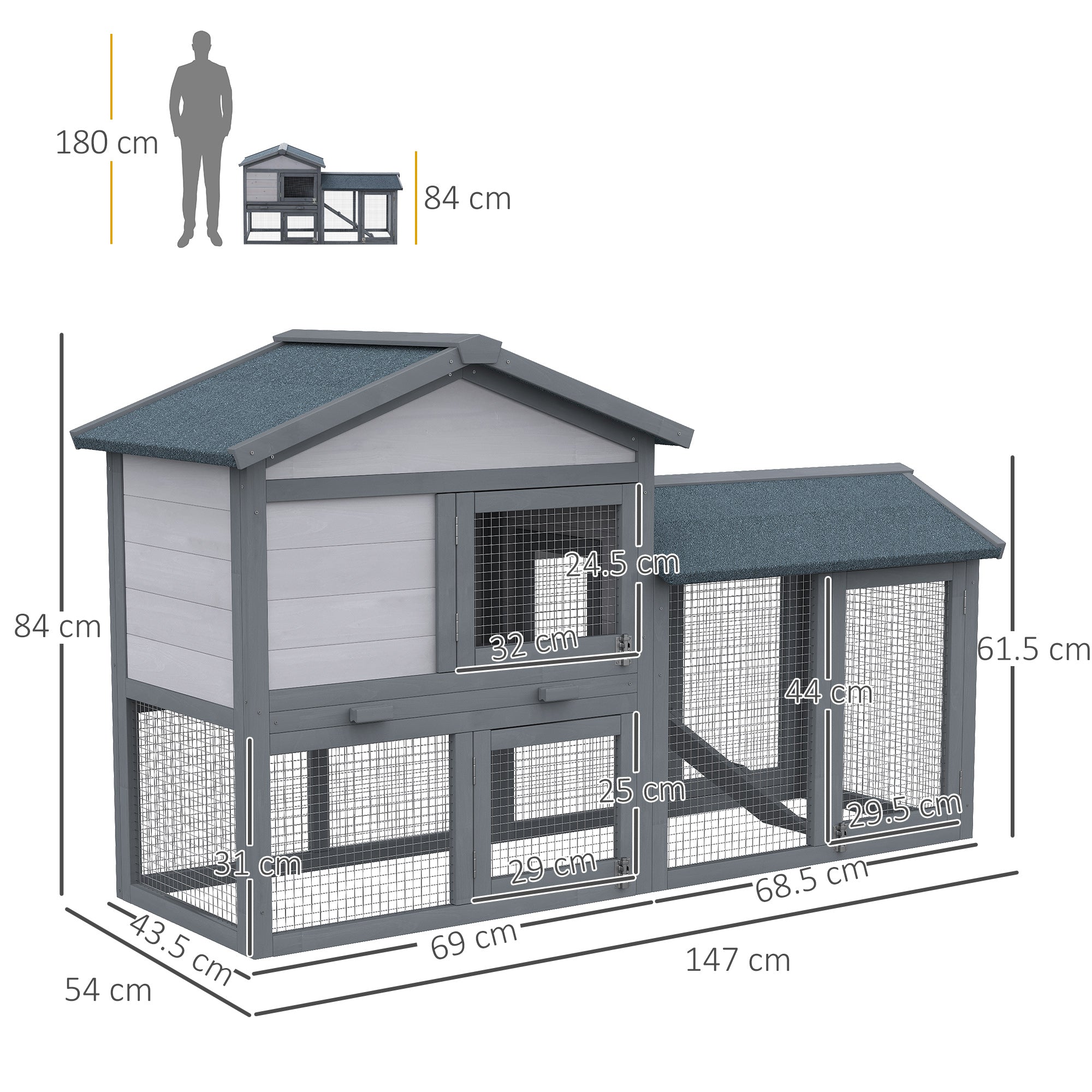 PawHut Wooden Rabbit Hutch Outdoor, Double Tier Guinea Pig Hutch, Small Animal House Water-Resistant Roof Ramp 147 x 54 x 84 cm - North Peak Garden Furniture