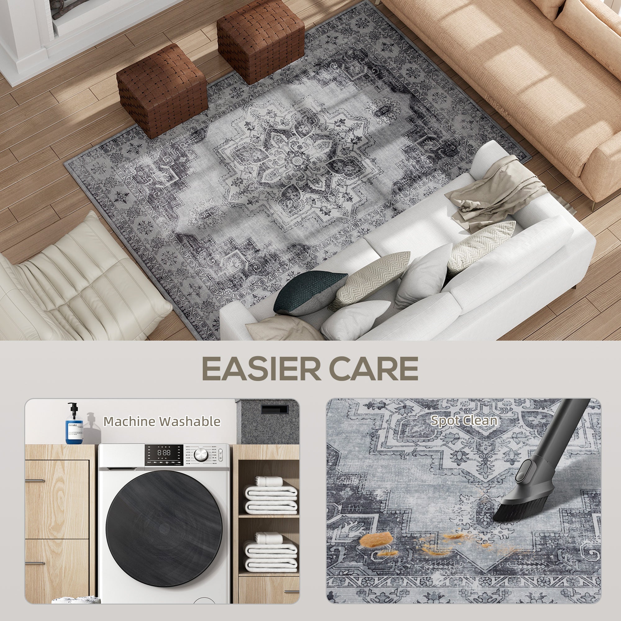 HOMCOM Vintage Area Rug, Non-Slip Washable Rug, Flannel Floor Carpet for Living Room, Bedroom, Dining Room, Home Office, 230 x 160 cm, Grey