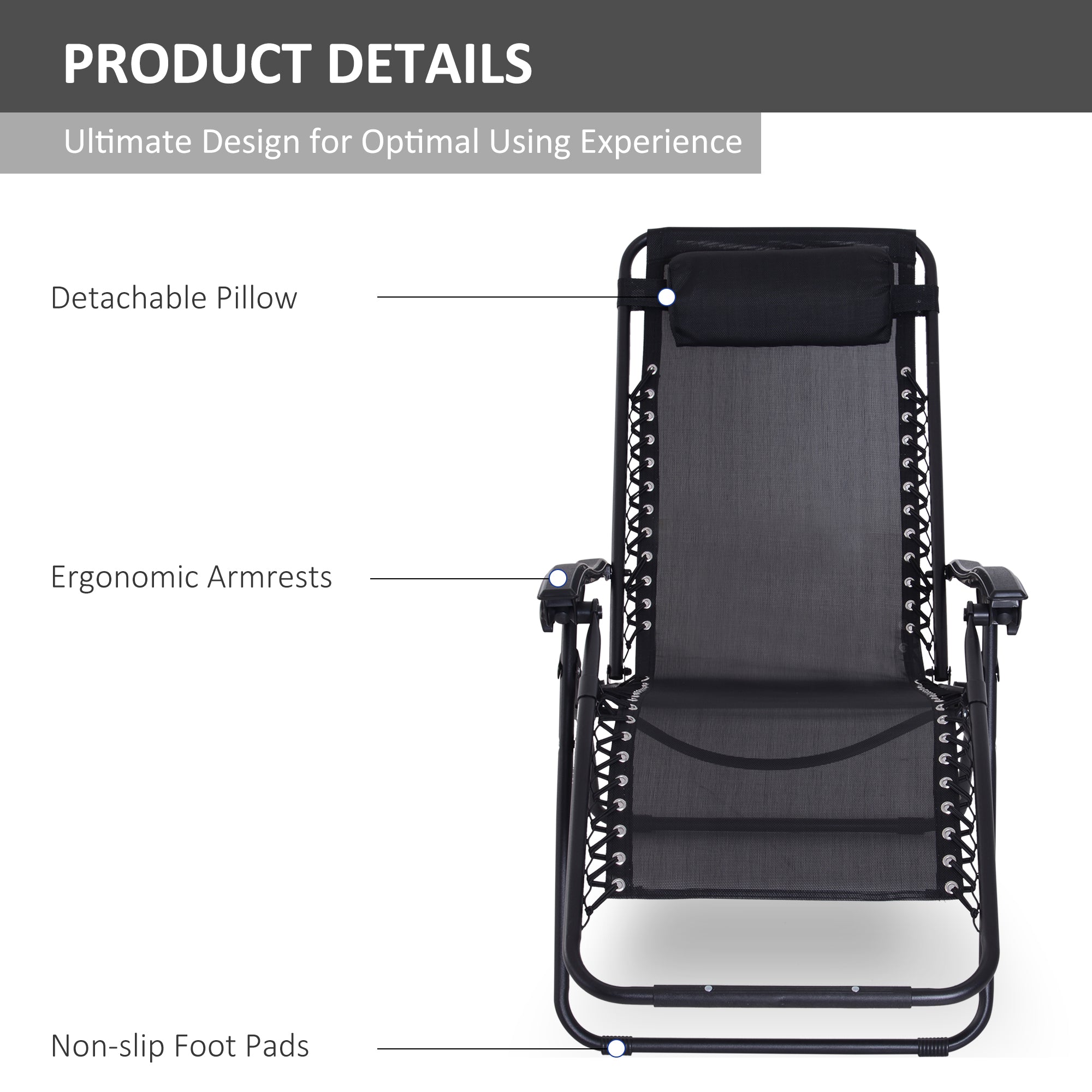 Outsunny Zero Gravity Chair Metal Frame Texteline Armchair Outdoor Folding and Reclining Sun Lounger with Head Pillow for Patio Decking Gardens Camping, Black - North Peak Garden Furniture