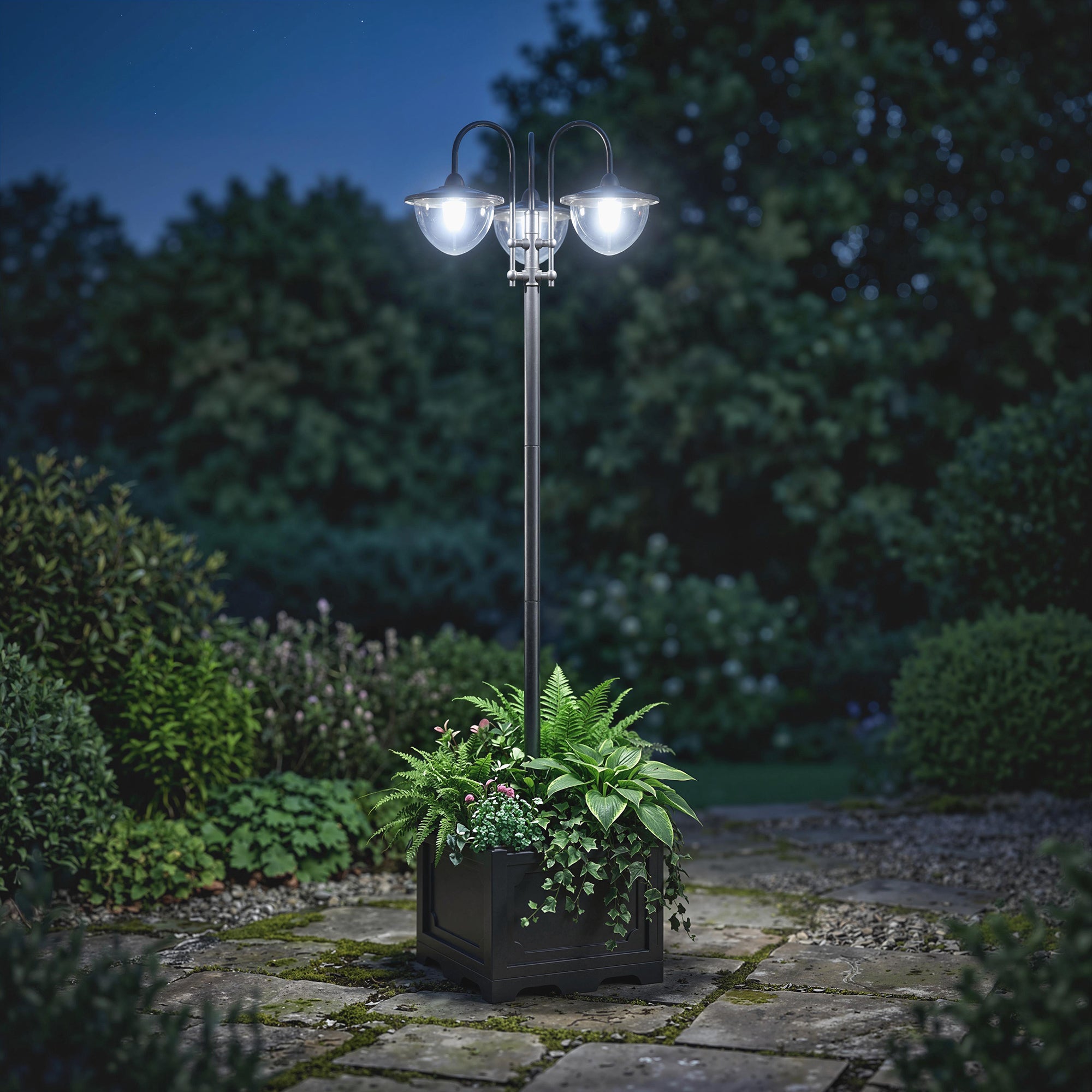 Outsunny 189cm 3-head Solar Lamp Post, Street Light with Planter, Automatic-on, 6 Hour Max Outdoor Ready LED Lighting, Black