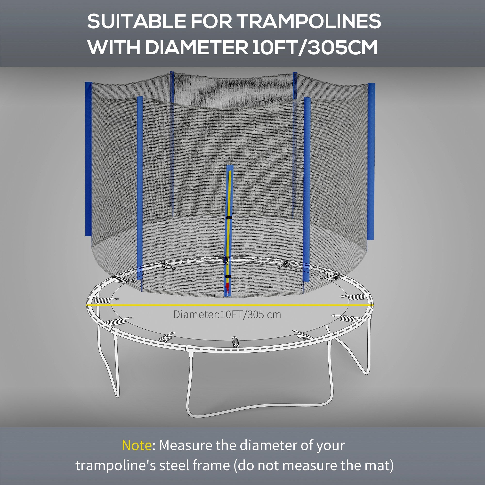 SPORTNOW 10ft Trampoline Net Replacement with 6 Plastic Pole Covers, Weather-Resistant Trampoline Netting Replacement with Zipped Entrance, Poles Not Included, Blue