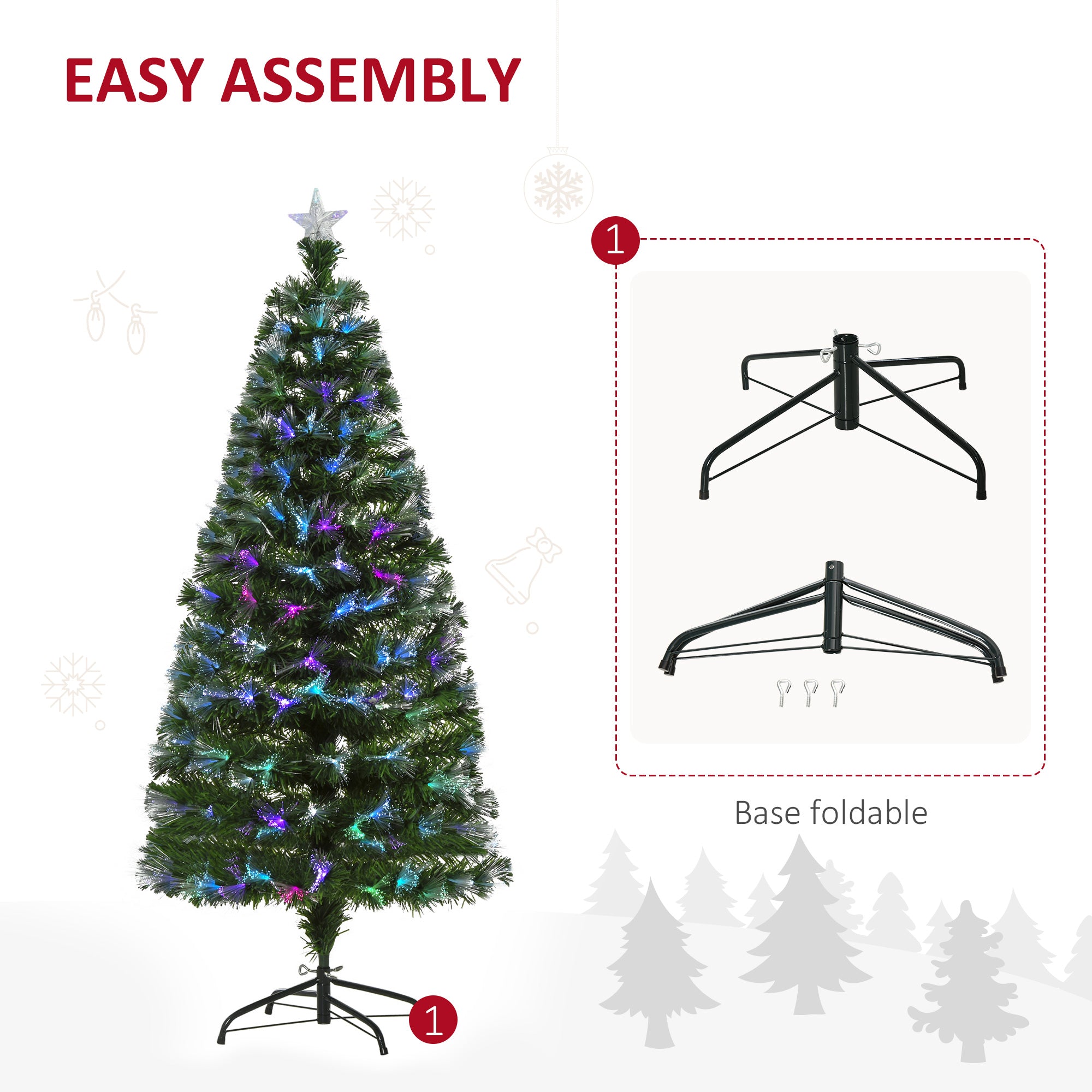 HOMCOM 5FT Multicoloured Artificial Christmas Tree w/ Fibre Optic Lights Pre-Lit Modes Metal Stand Star Holder Home Seasonal Decoration - North Peak Garden Furniture
