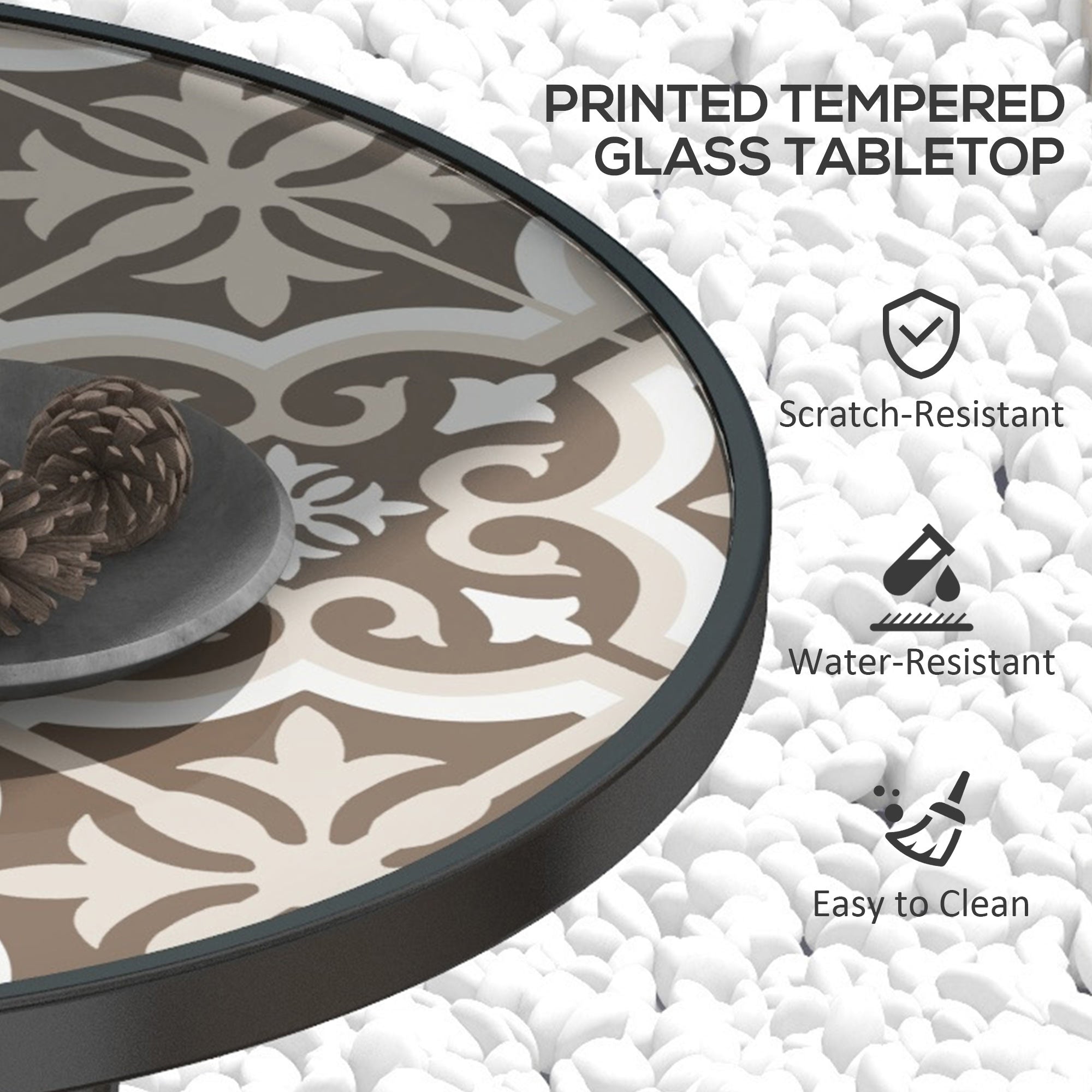 Outsunny Φ60 Garden Table, with Glass Printed Tabletop - Brown - North Peak Garden Furniture