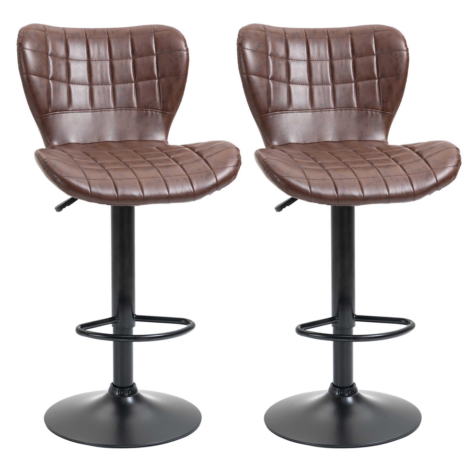 HOMCOM Bar Stools Set of 2 Adjustable Height Swivel Bar Chairs in PU Leather with Backrest & Footrest, Brown - North Peak Garden Furniture
