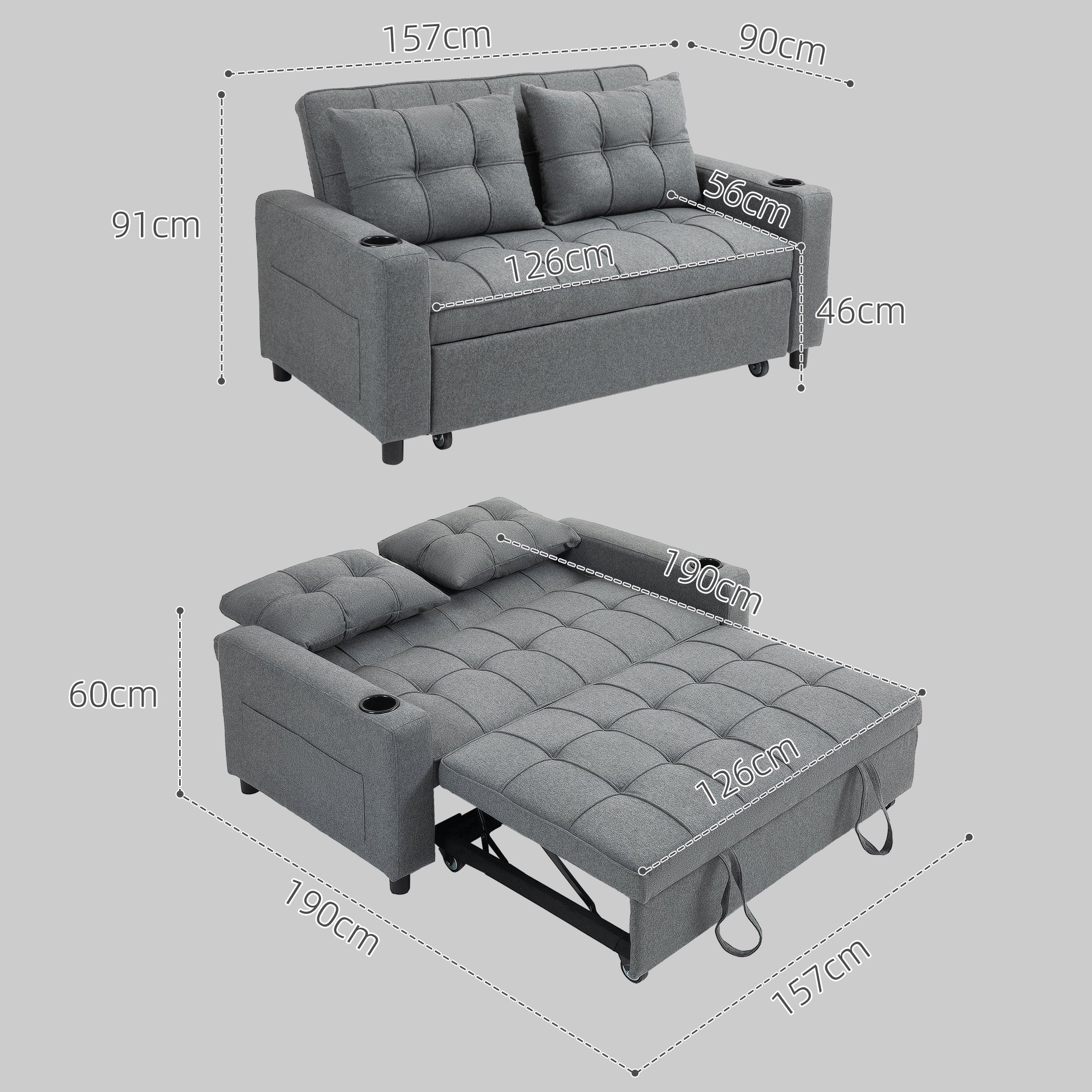 HOMCOM Two-Seater Pull-Out Sofa Bed - Charcoal Grey - North Peak Garden Furniture