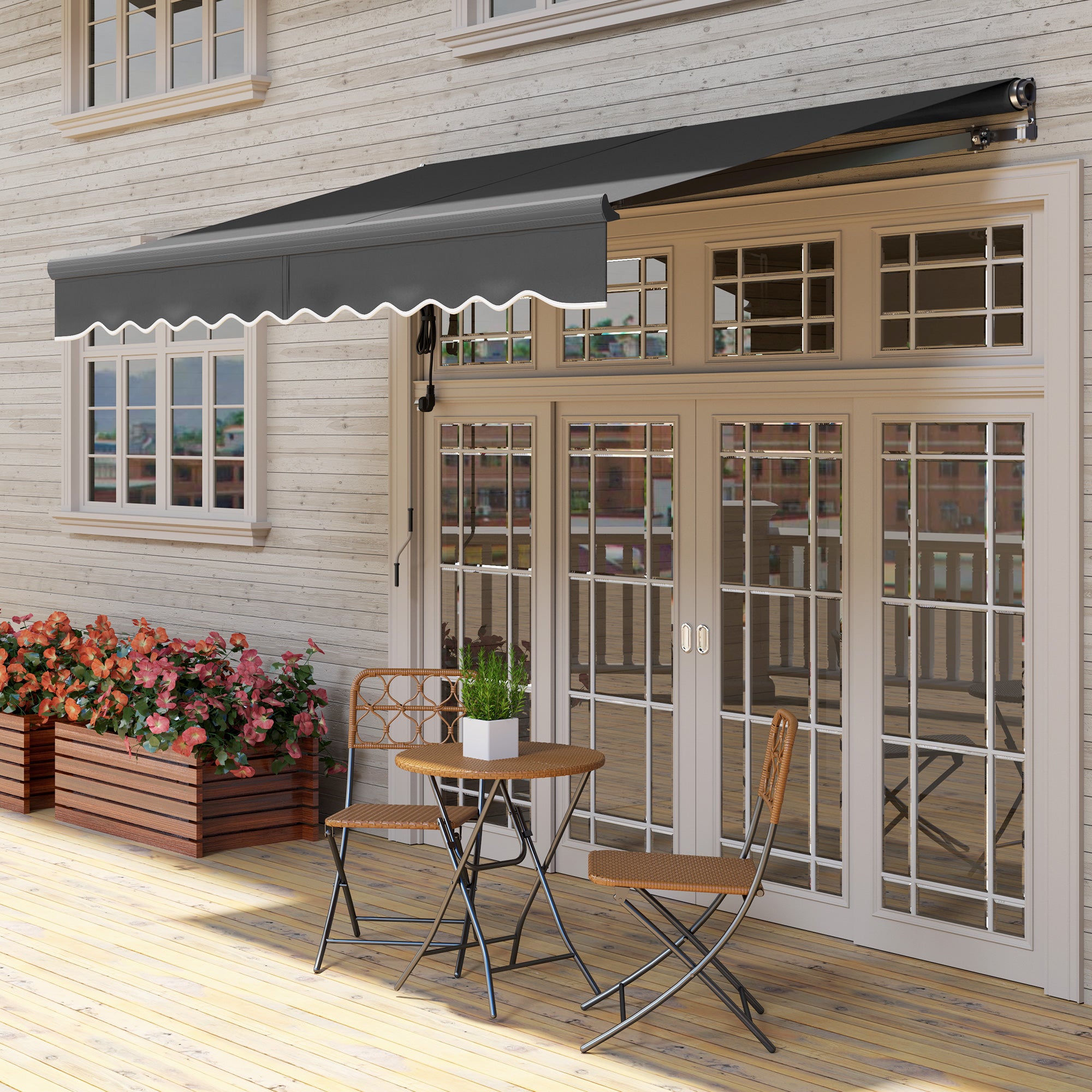 Outsunny 3 x 2.5m Electric Awning with Remote Controller, Aluminium Frame DIY Retractable Awning, UV30+ Sun Shade Canopy for Garden Patio Deck Door Window, Dark Grey - North Peak Garden Furniture