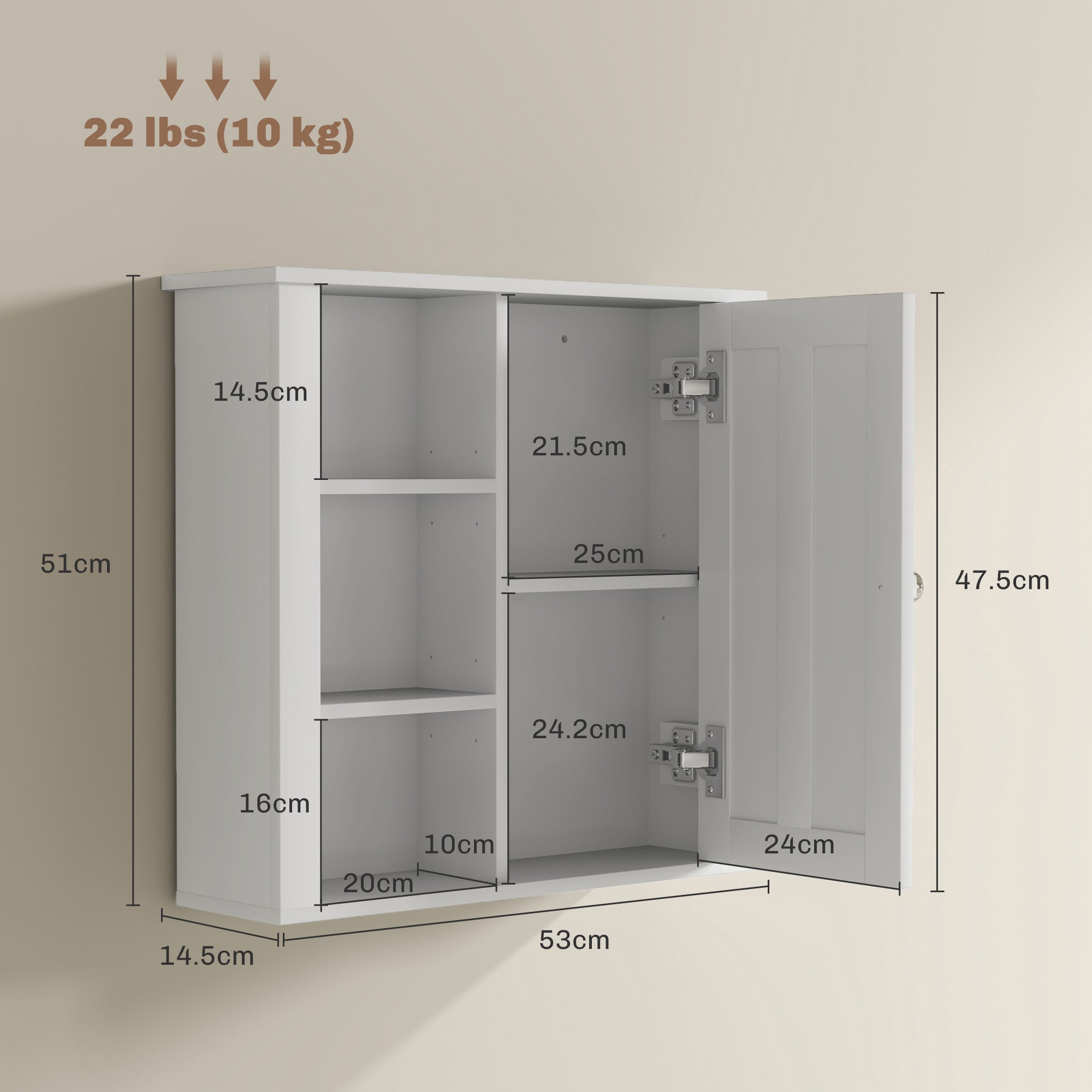 HOMCOM Bathroom Cabinet, Modern Bathroom Wall Cabinet with Adjustable Shelves and Cupboard, 53W x 15D x 51H cm, White