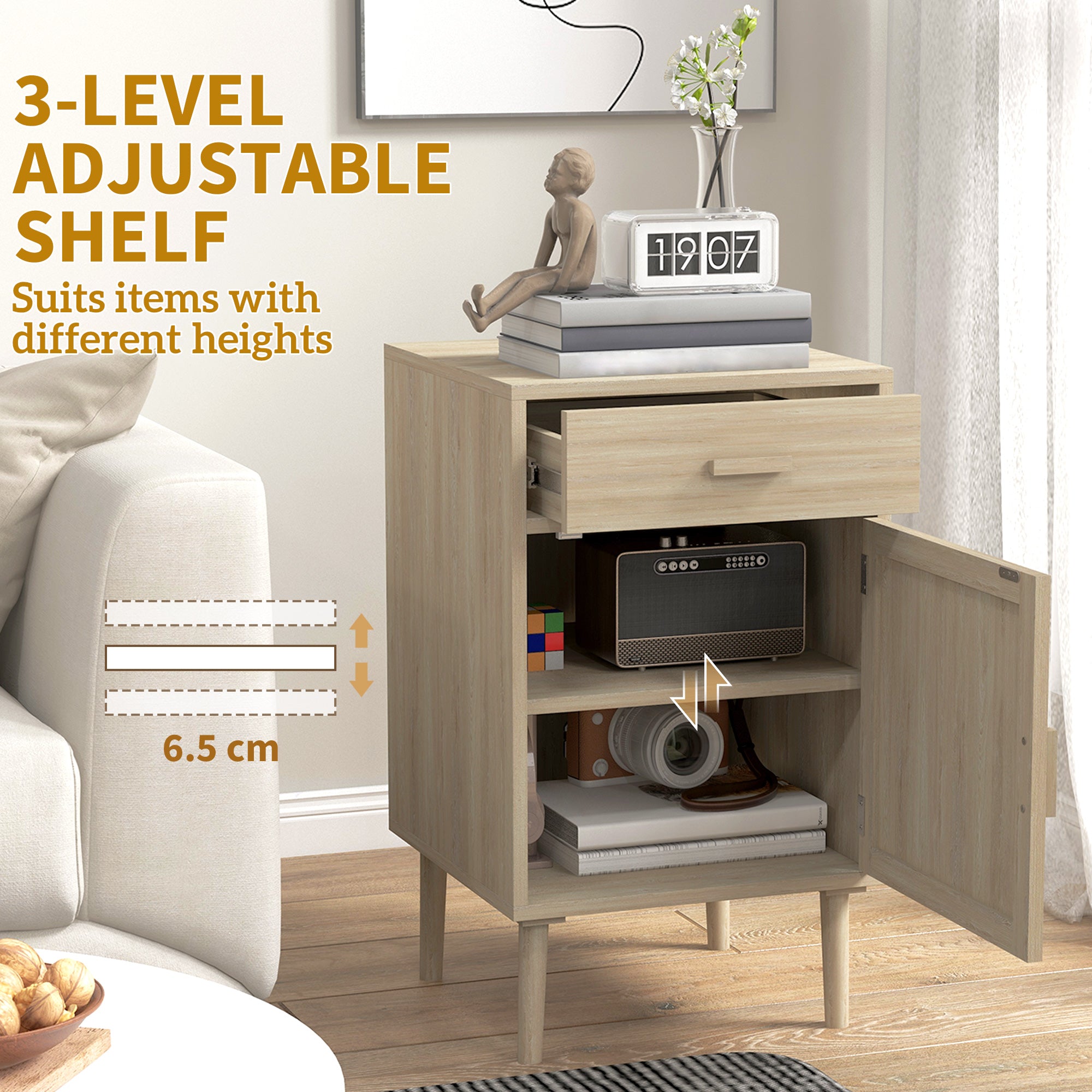 HOMCOM Bedside Table Set of 2, Rattan Side Tables with Drawer, Cabinet and Adjustable Shelf, Boho Bedside Cabinet with Storage for Bedroom, Living Room, Natural Wood Effect - North Peak Garden Furniture