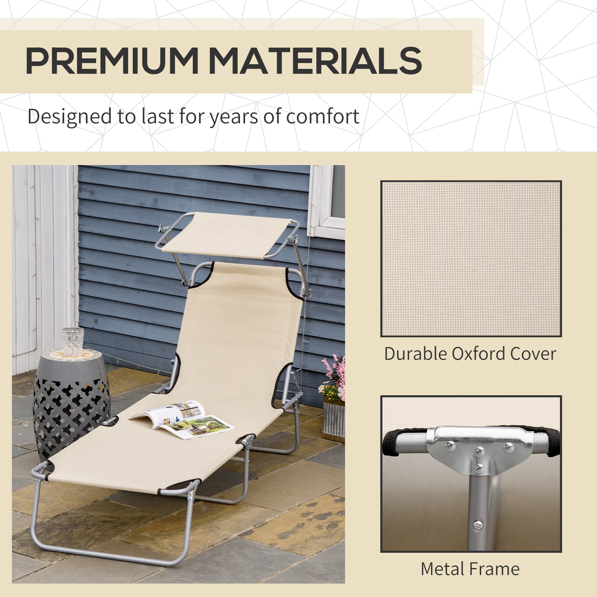 Outsunny Outdoor Foldable Sun Lounger, 4 Level Adjustable Backrest Reclining Sun Lounger Chair with Angle Adjust Sun Shade Awning for Beach, Garden, Patio, Beige - North Peak Garden Furniture