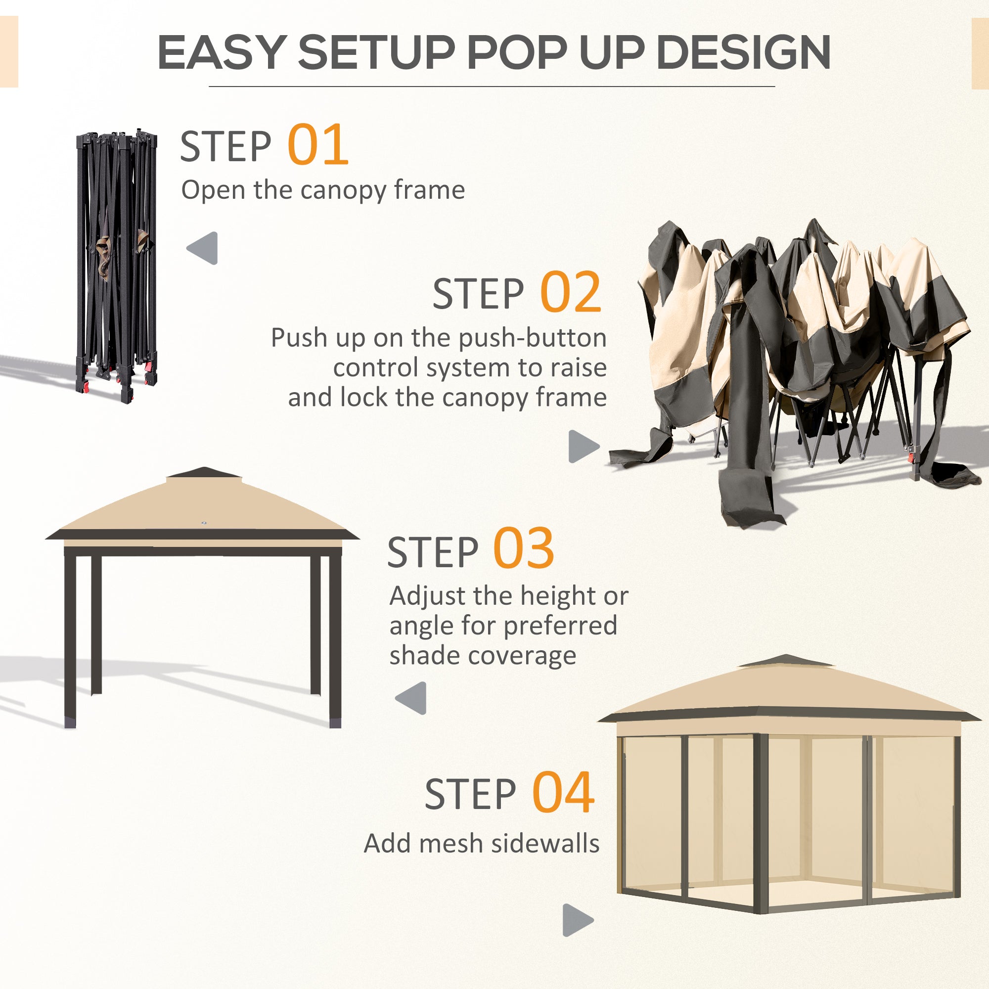 Outsunny 330cm x 330cm Pop Up Canopy, Double Roof Foldable Canopy Tent with Zipped Mesh Sidewalls, Height Adjustable and Carrying Bag, Event Tent for Patio Garden, Beige - North Peak Garden Furniture