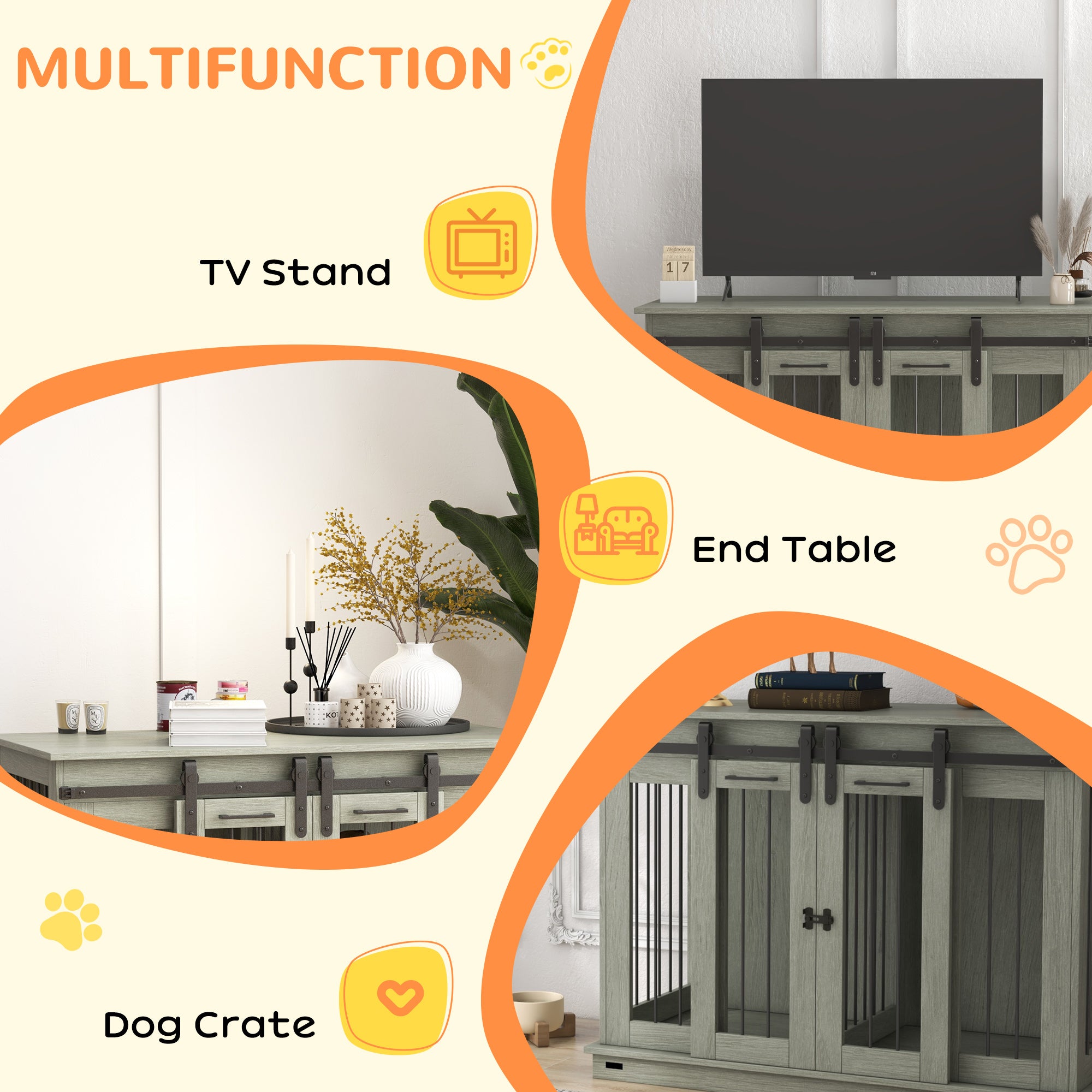 PawHut Dog Crate Furniture for Large Dogs, Double Dog Cage for Small Dogs, with Divider - Grey