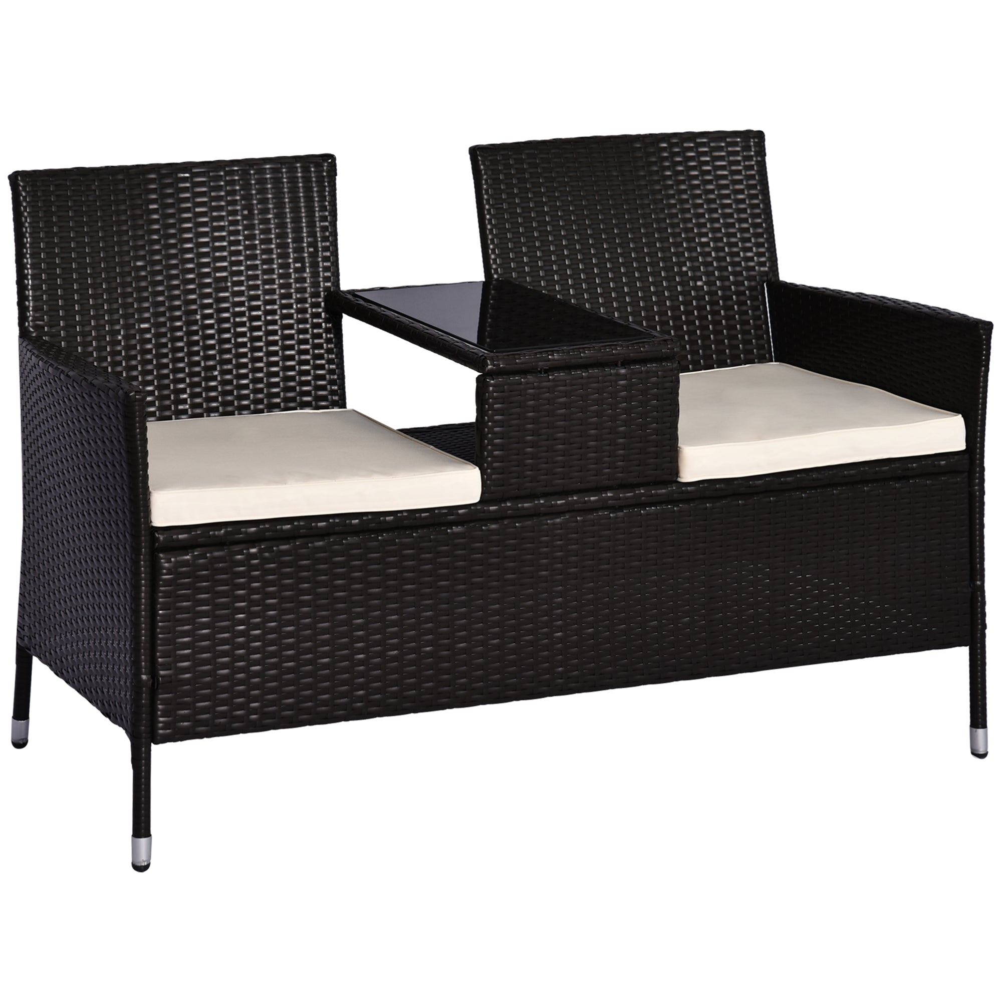 Outsunny 2 Seater Rattan Campanion Chair Wicker Loveseat Outdoor Patio Armchair with Drink Table Garden Furniture - Dark Brown - North Peak Garden Furniture