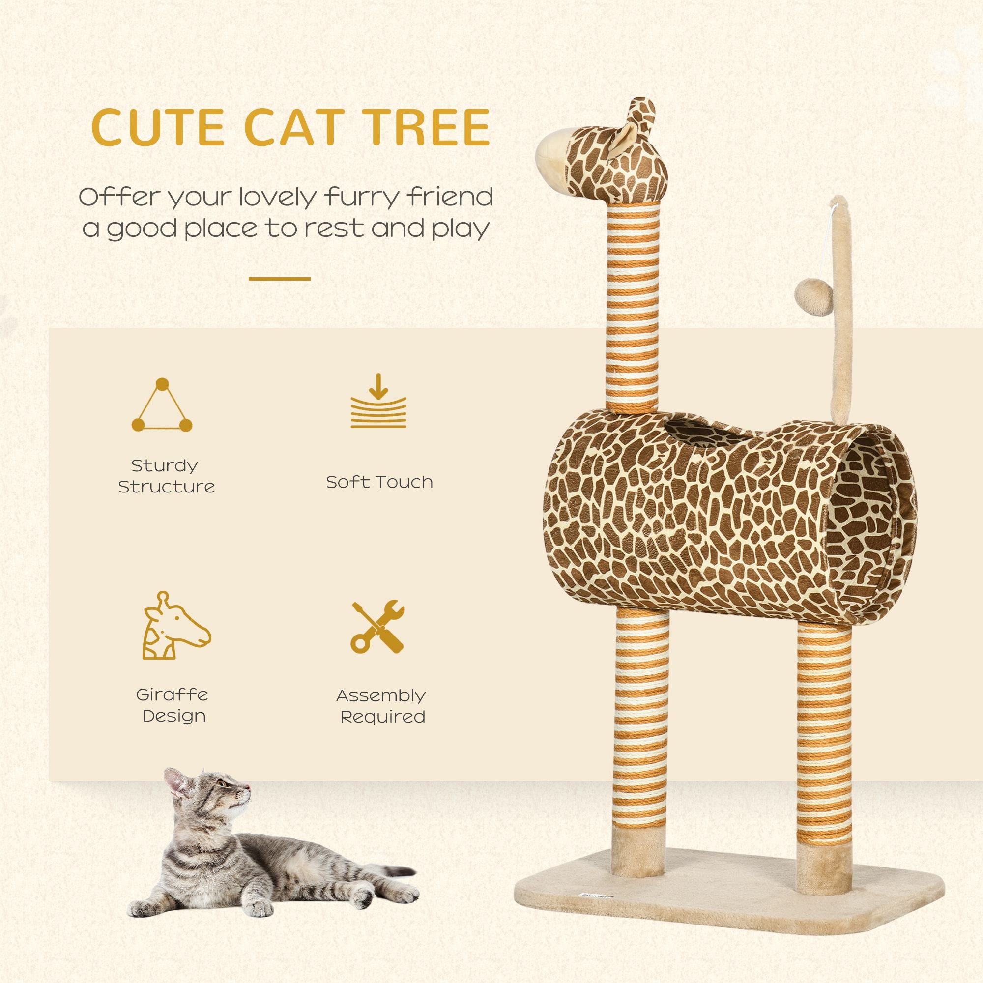 PawHut Giraffe-Designed Cat Tree, with Scratching Posts, Cat Tunnel, Toy Ball - Beige - North Peak Garden Furniture