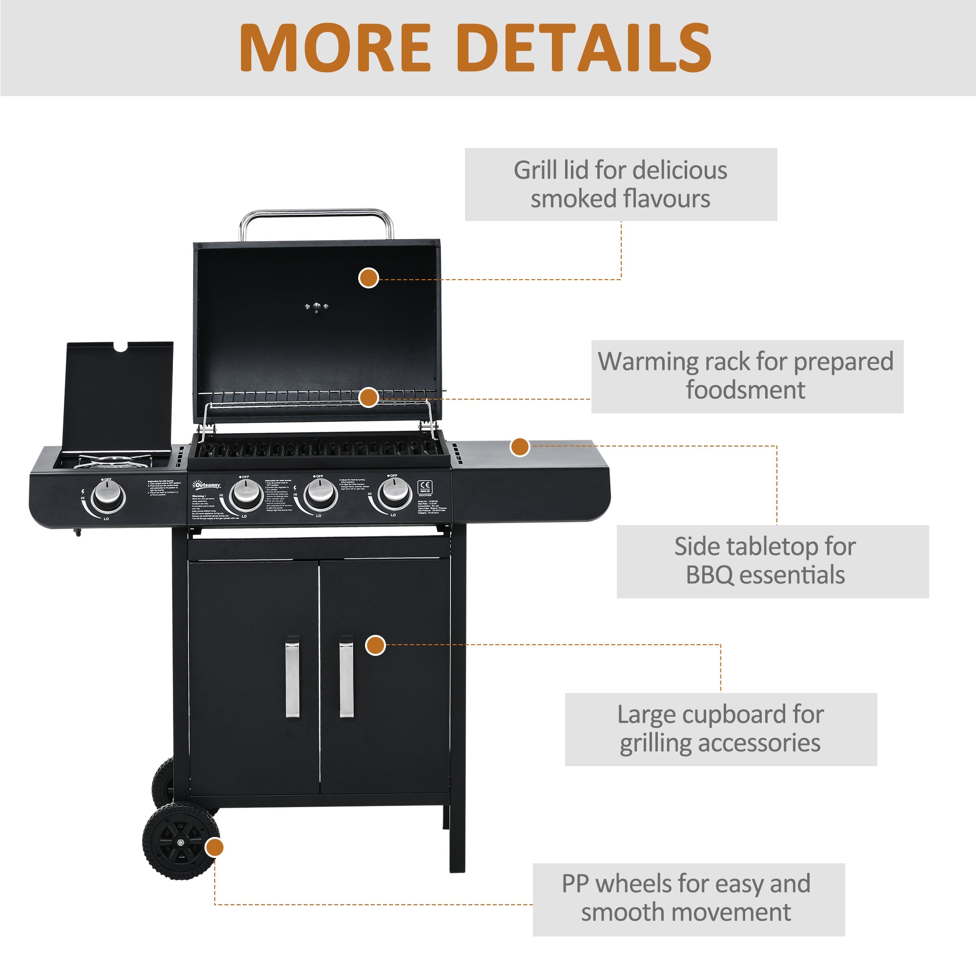 Outsunny Gas Burner Barbecue Grill 3+1 Burner Garden BBQ Trolley w/ Side Burner Warming Rack Side Shelves Storage Cabinet Piezo Ignition Thermometer 110x50x100cm - North Peak Garden Furniture