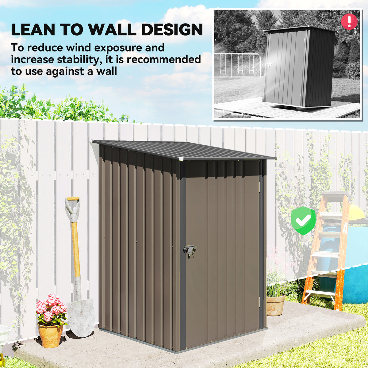 Outsunny 3.3 x 3.4ft Lean To Steel Garden Shed with Locking Door - Brown/Grey