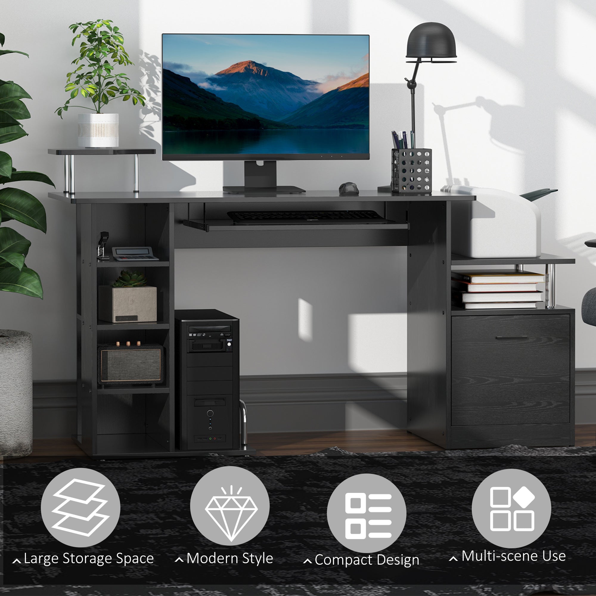 HOMCOM Computer Desk PC Workstation with Drawer Shelves CPU Storage Rack Home Office Furniture 152 x 60 x 88cm (BLACK) - North Peak Garden Furniture