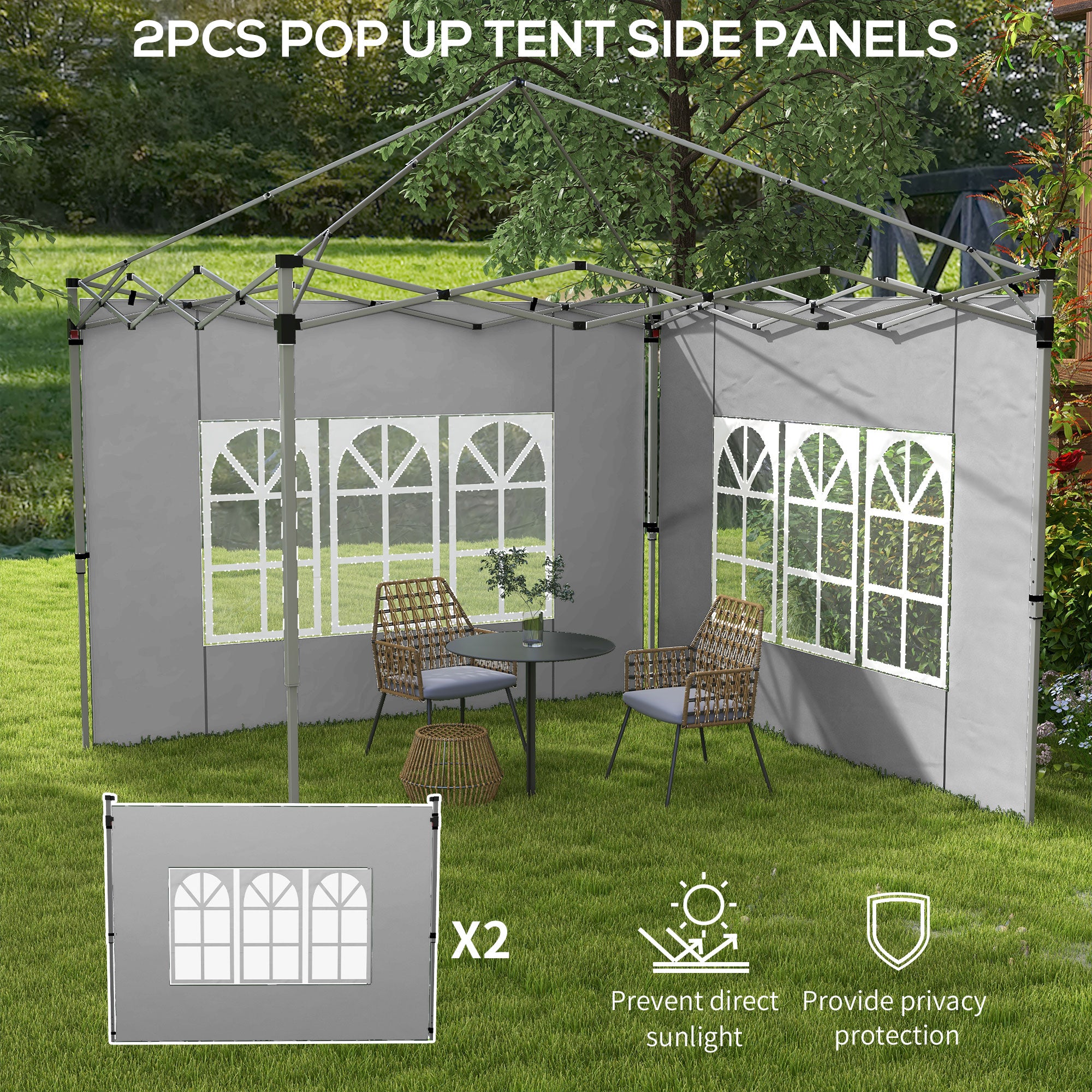 Outsunny Gazebo Side Panels, Sides Replacement with Window for 3x3(m) or 3x4m Pop Up Gazebo, 2 Pack, Grey - North Peak Garden Furniture